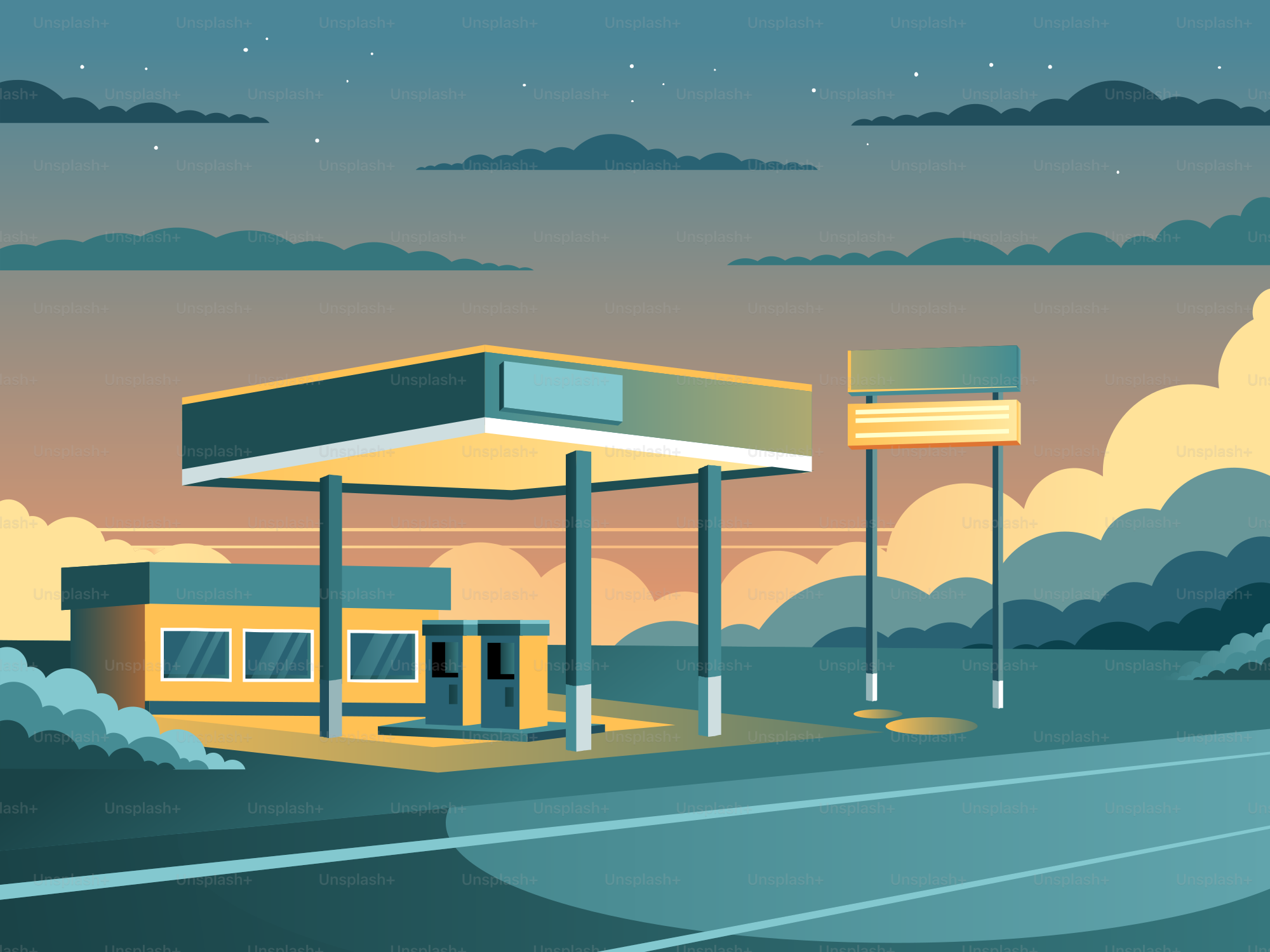 Gasolinera al anochecer con cielo nublado