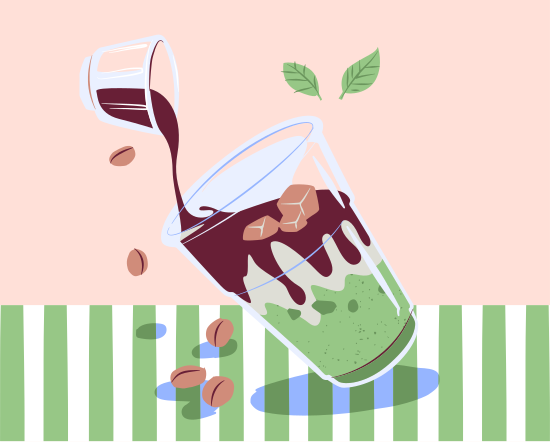 Servir café en una bebida verde con cubitos de hielo.