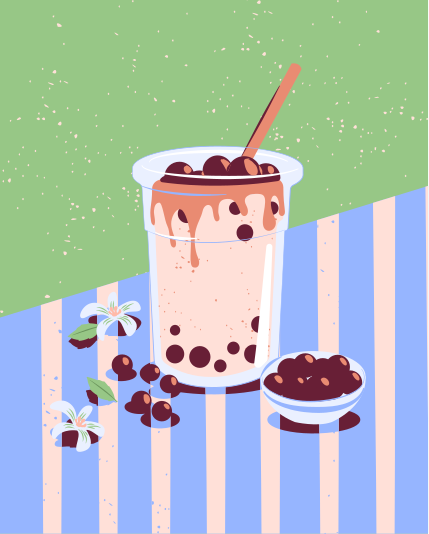 A bubble tea with tapioca pearls and flowers