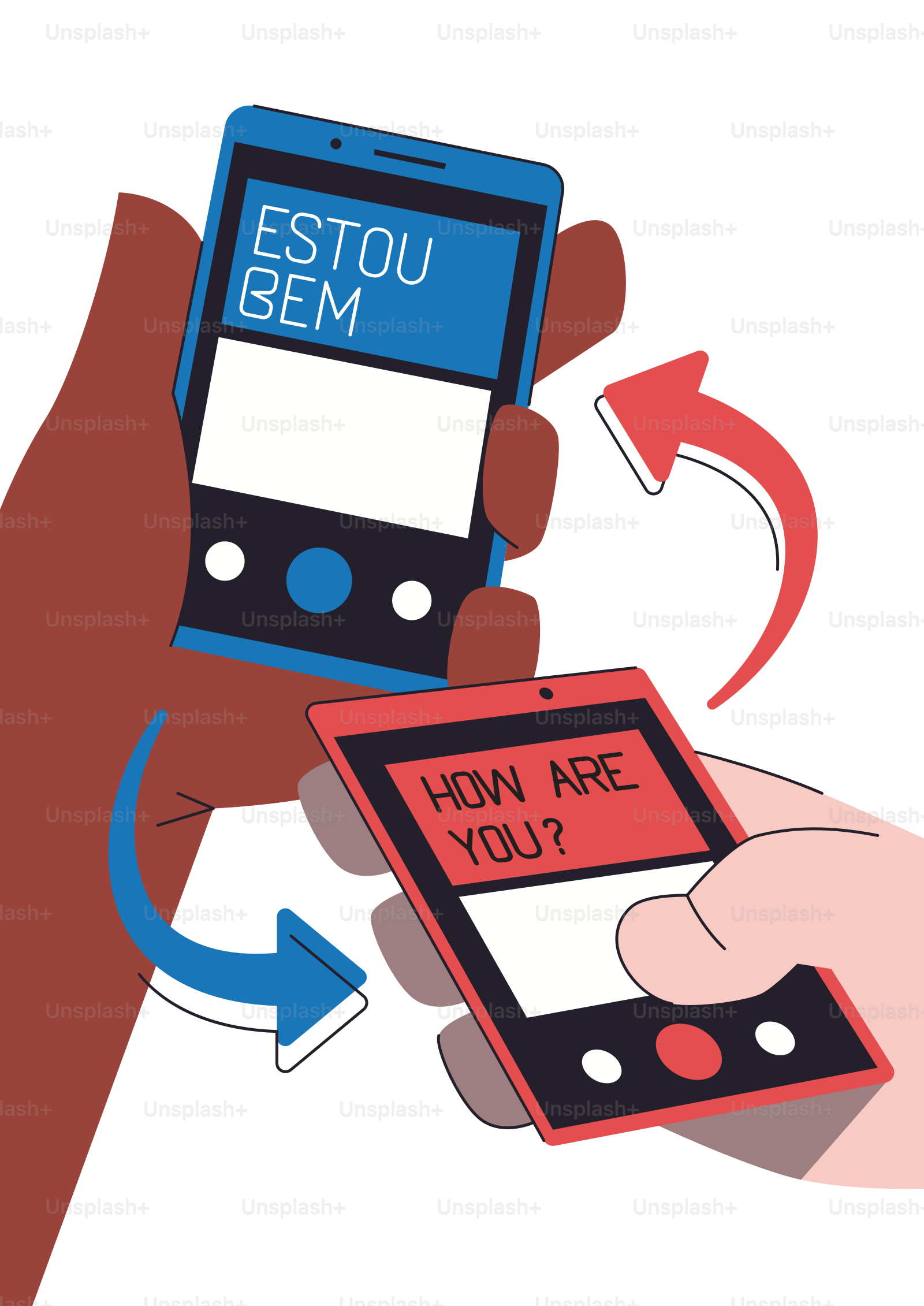 Two hands holding smartphones with messages