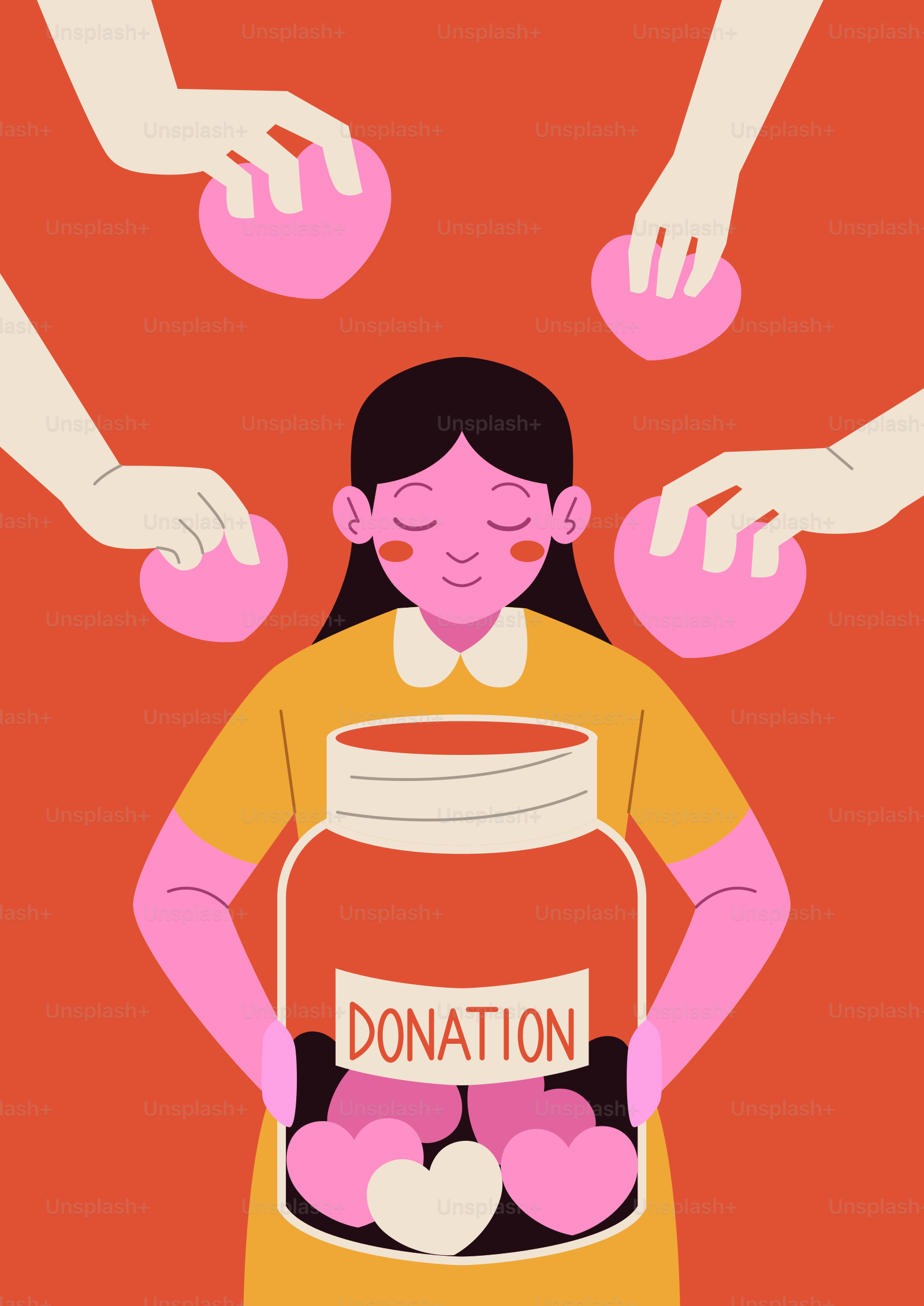 寄付瓶を持つ女の子にハートを寄付する手。