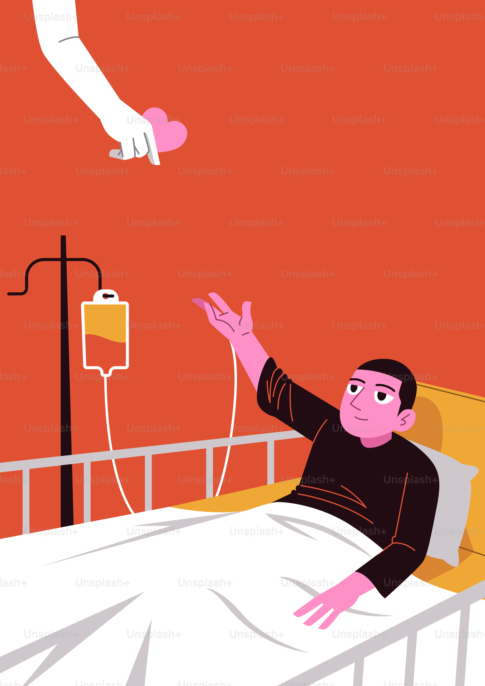 Patient im Krankenhausbett erhält ein Herz von oben.