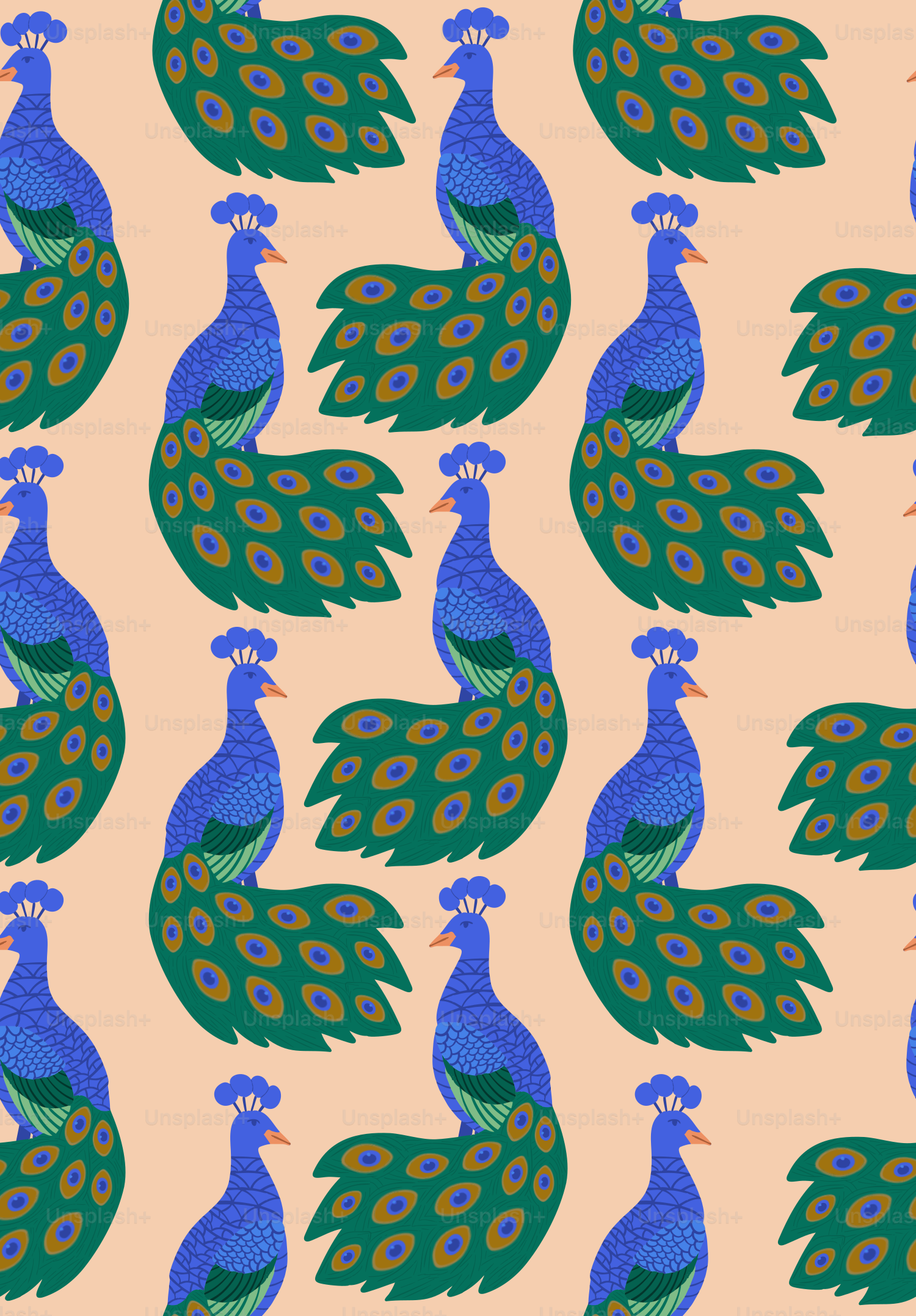 Pattern of blue peacocks with green tails
