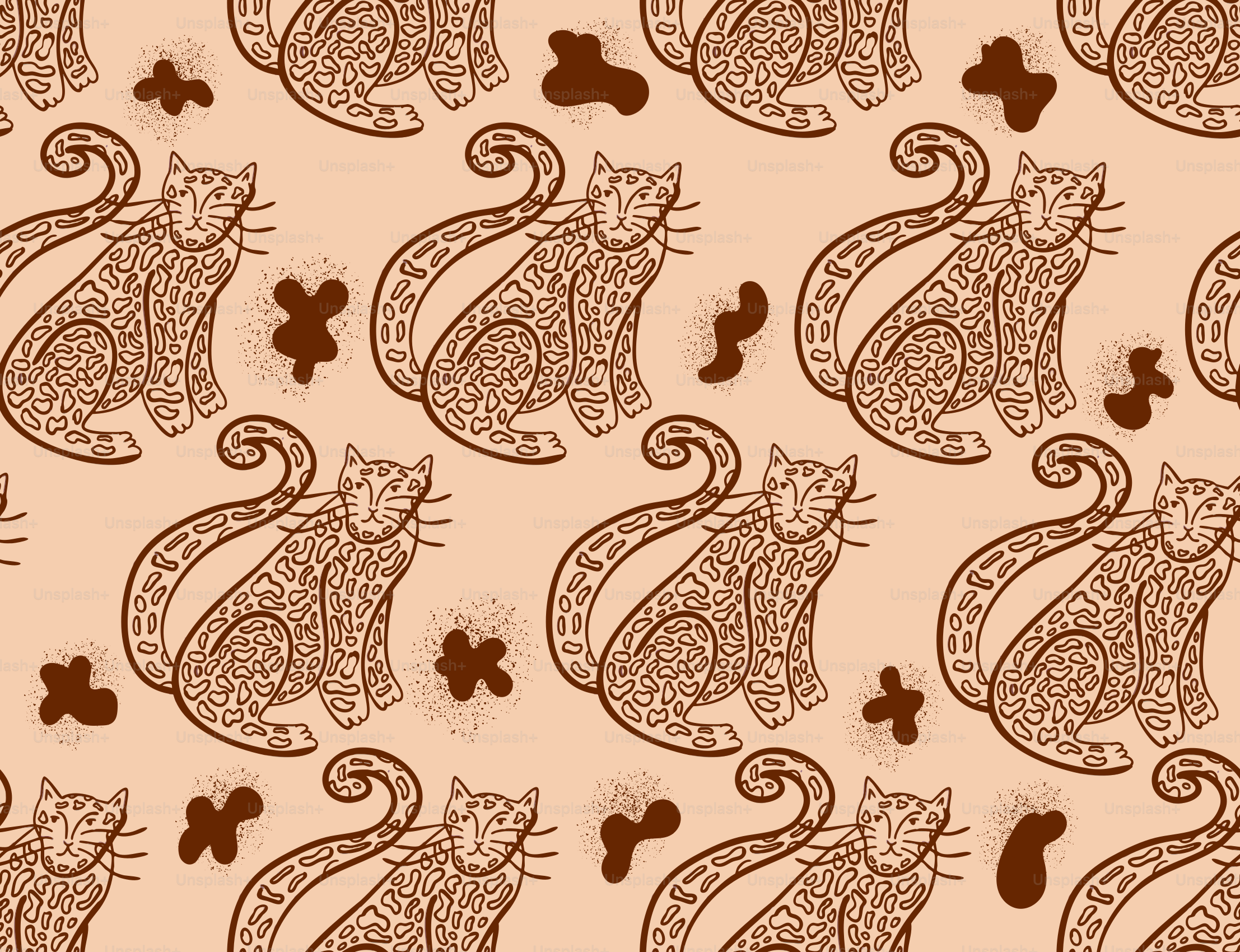Seamless pattern of stylized cats and brown splatters.
