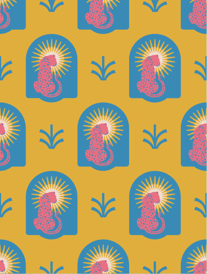 Pink cheetahs in blue arches with sunbursts pattern