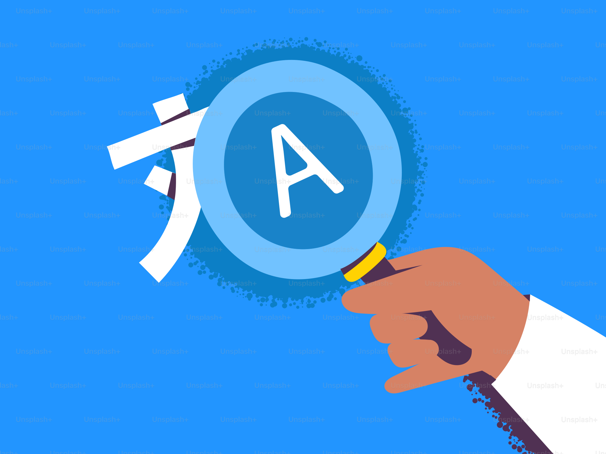 Lupe über chinesischem Zeichen und Buchstaben a.