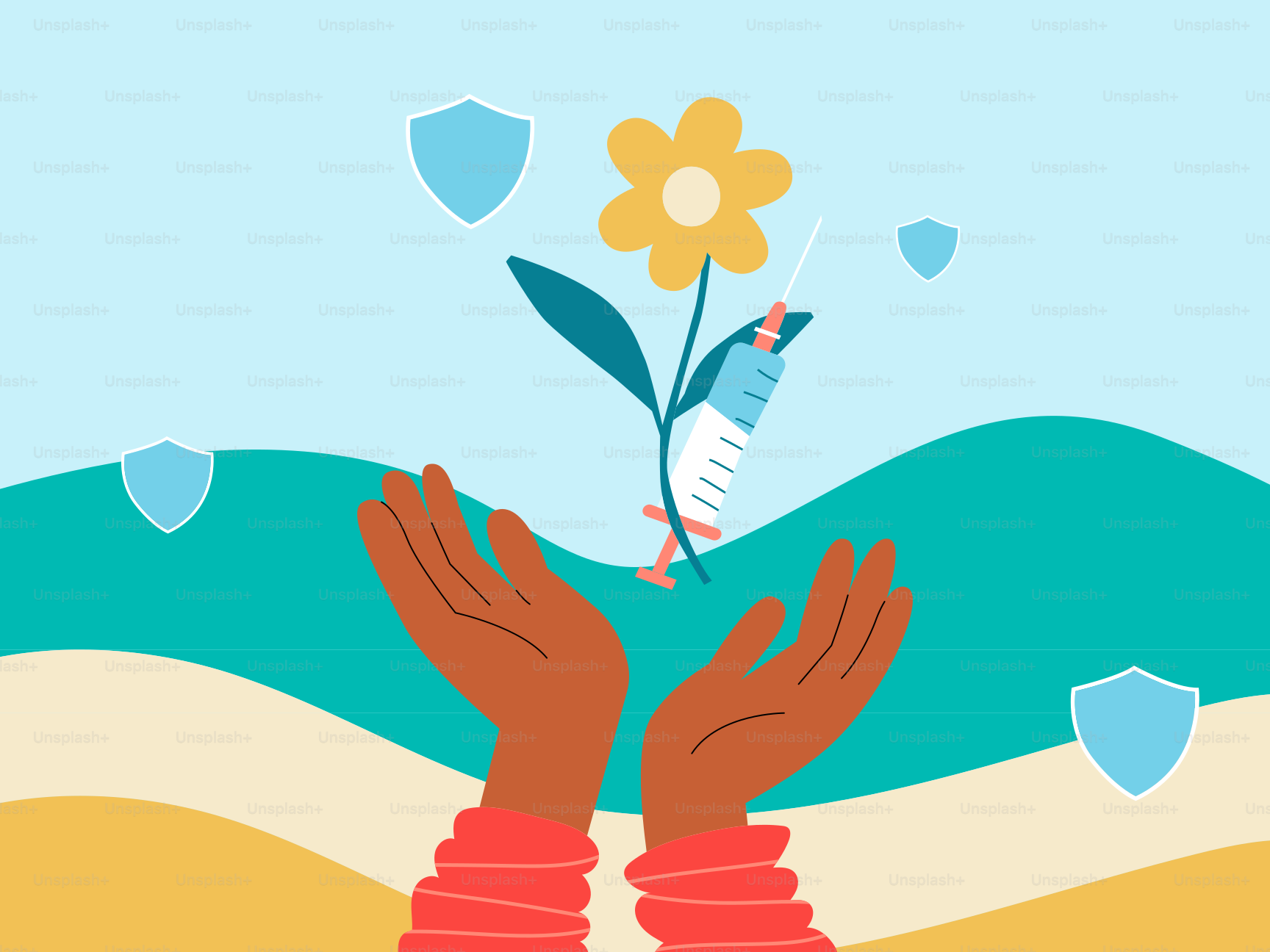 Hände, die eine Blume mit einer Spritze und Schilden pflegen.