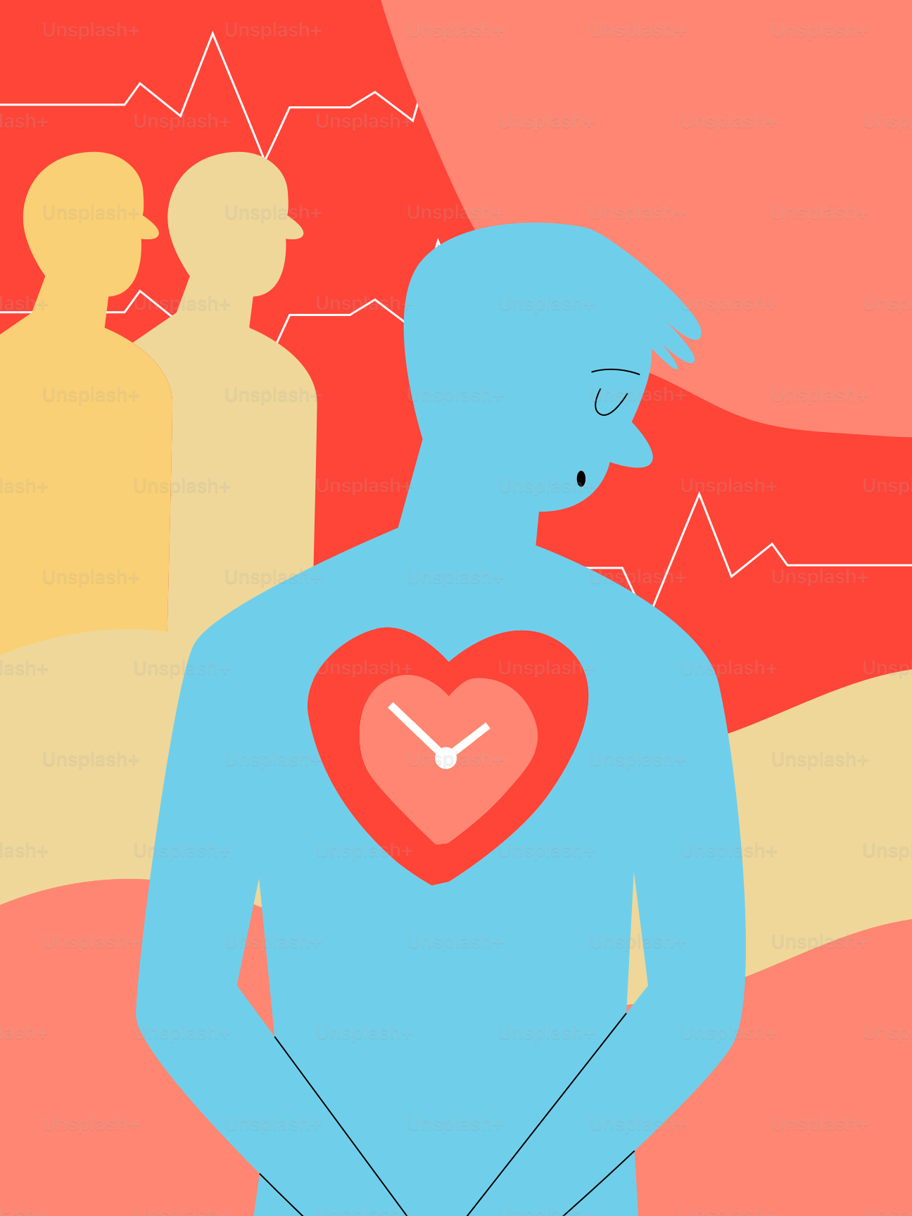 Man with clock heart and electrocardiogram