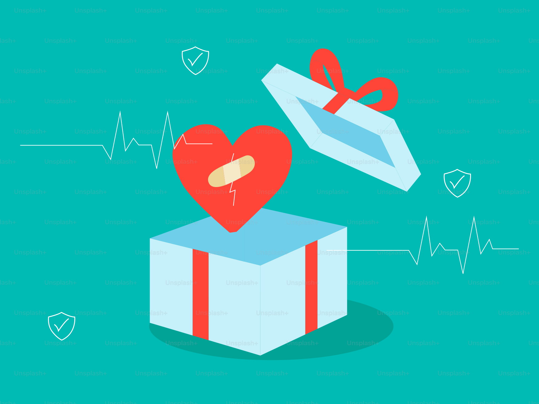 A gift box opens to reveal a bandaged heart.