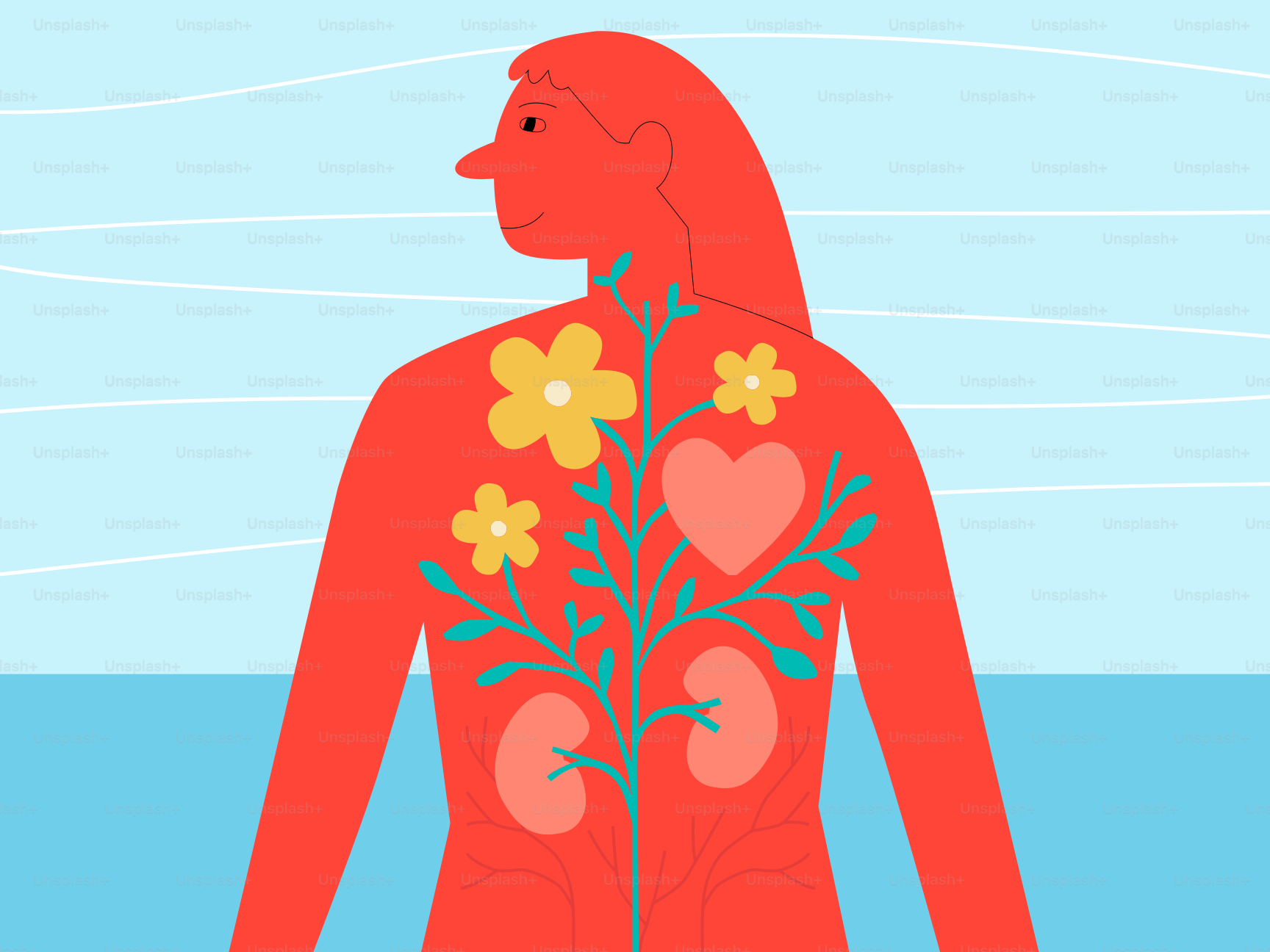 Rote Silhouette einer Person mit Organen und Blumen