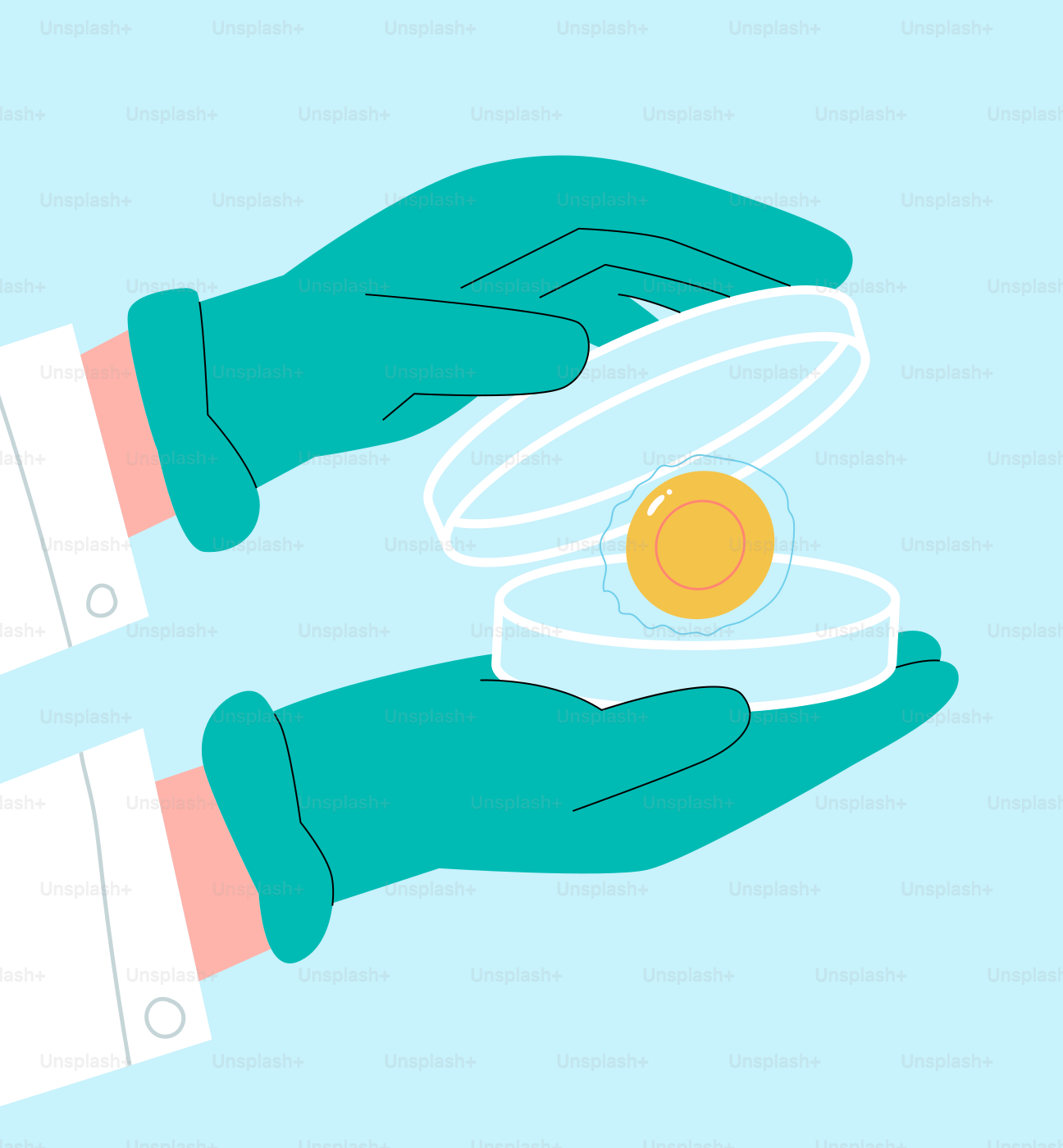 Scientist in gloves holds petri dish with golden sphere.