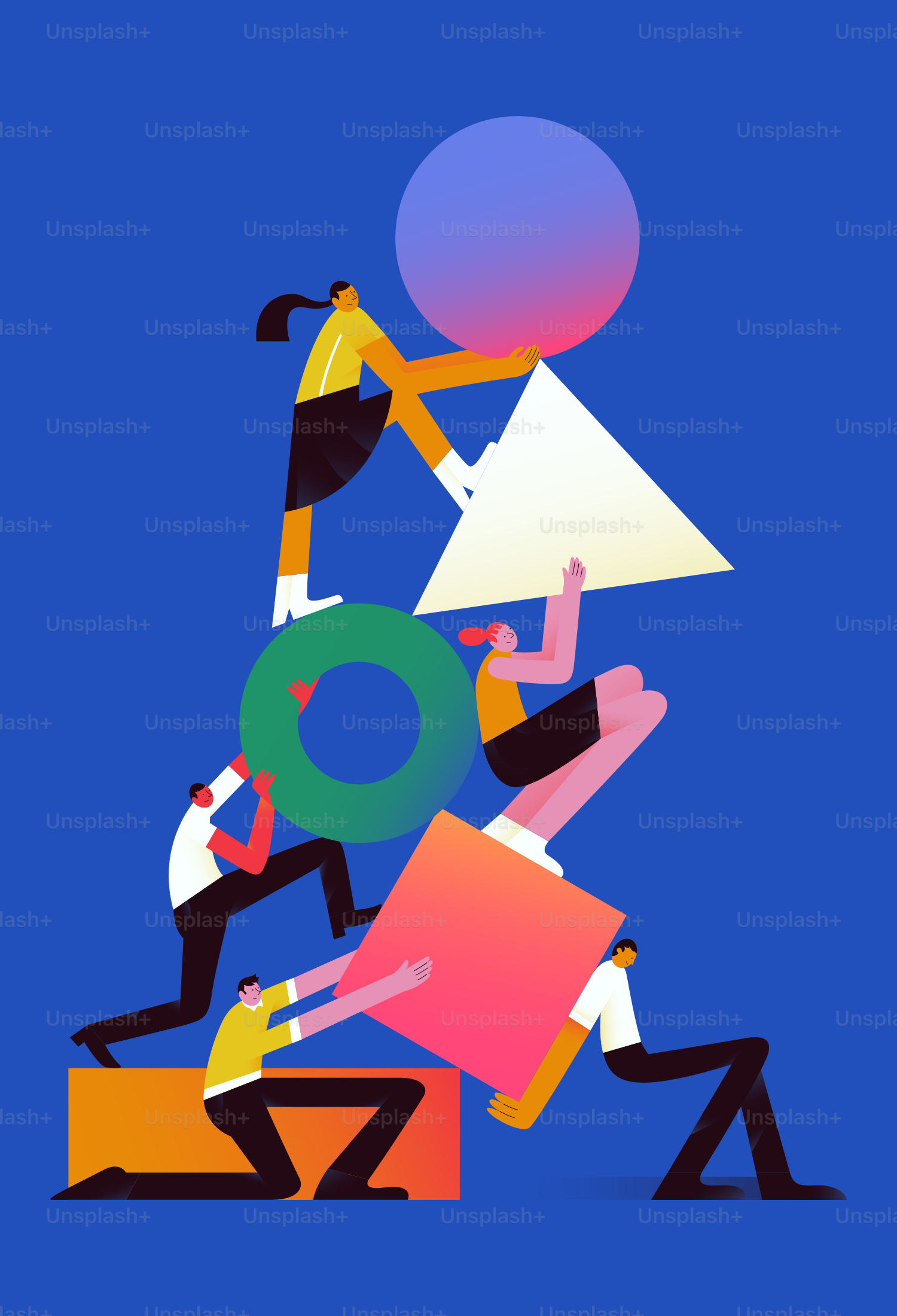 People build tower with geometric shapes and icons