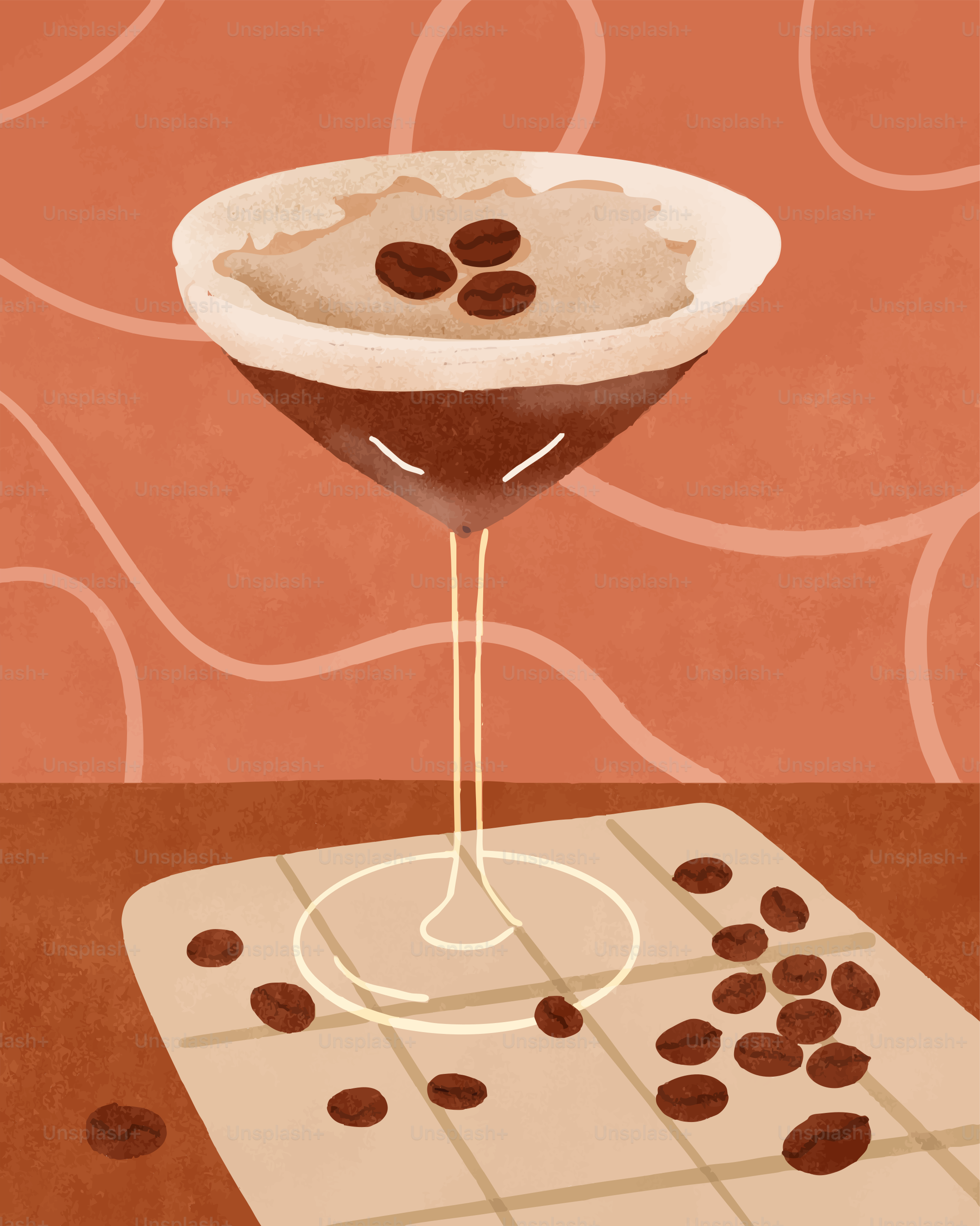 Espresso martini with coffee beans on napkin.