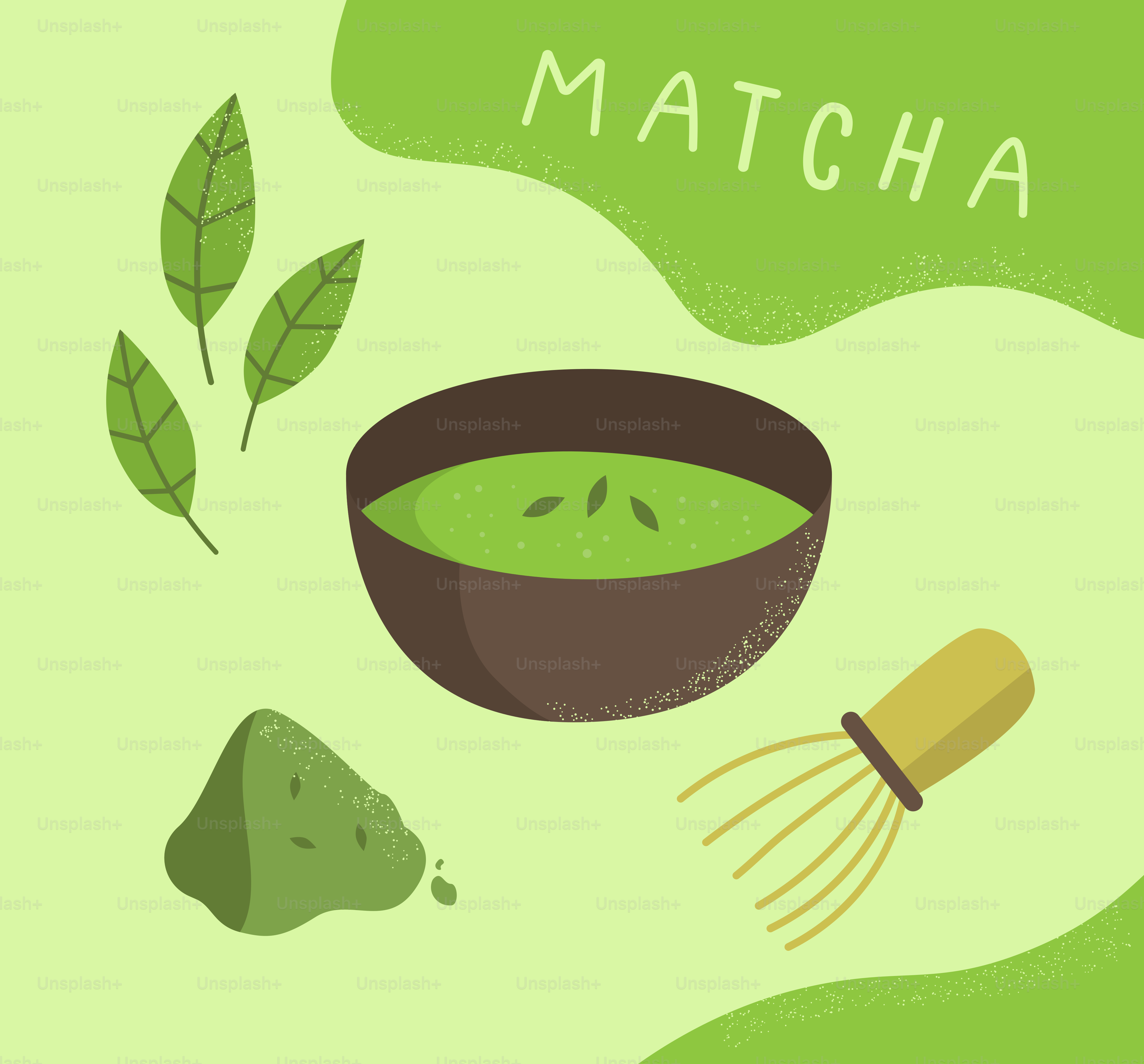 Matcha tea ingredients and preparation tools