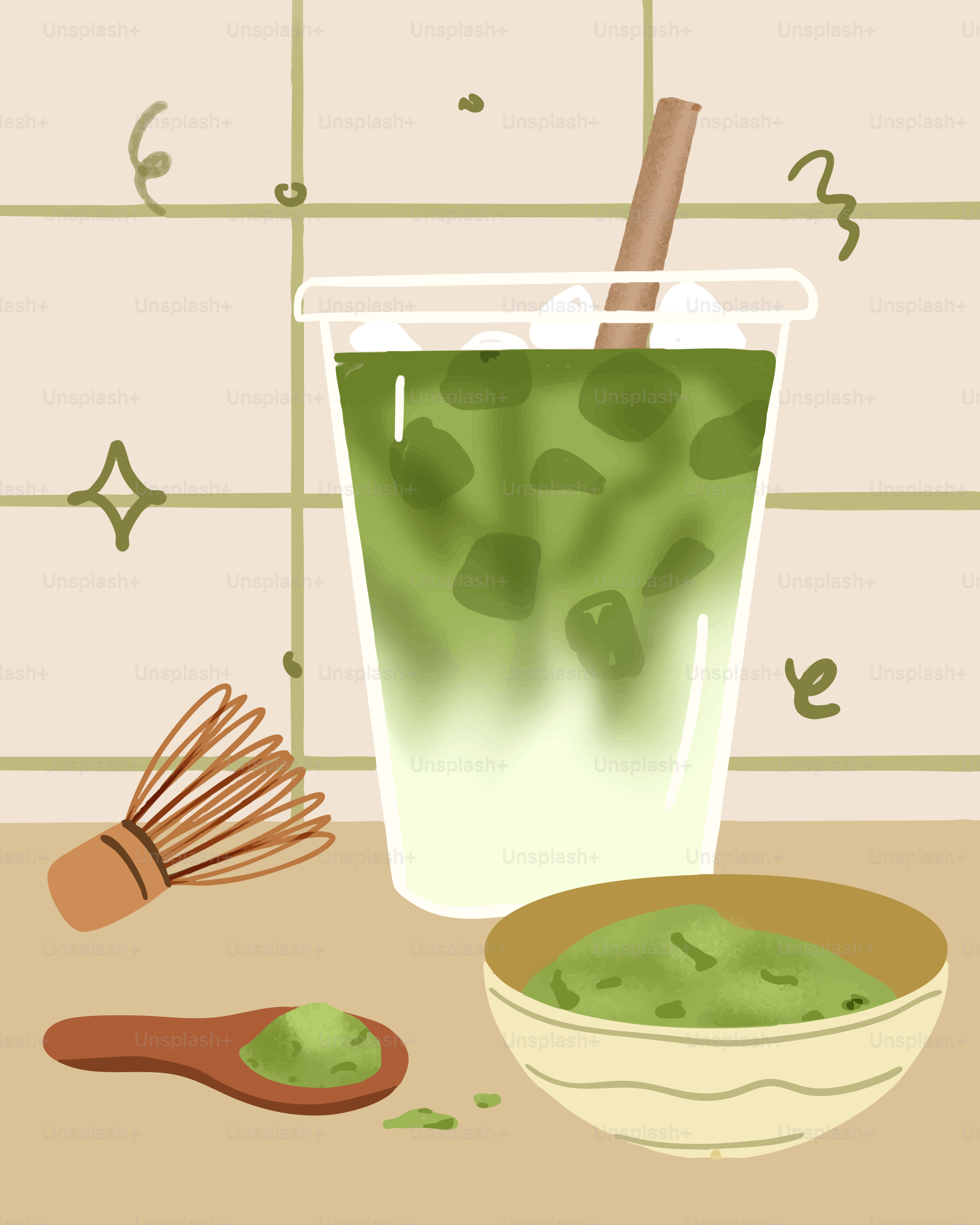 Iced matcha latte with whisk and powder