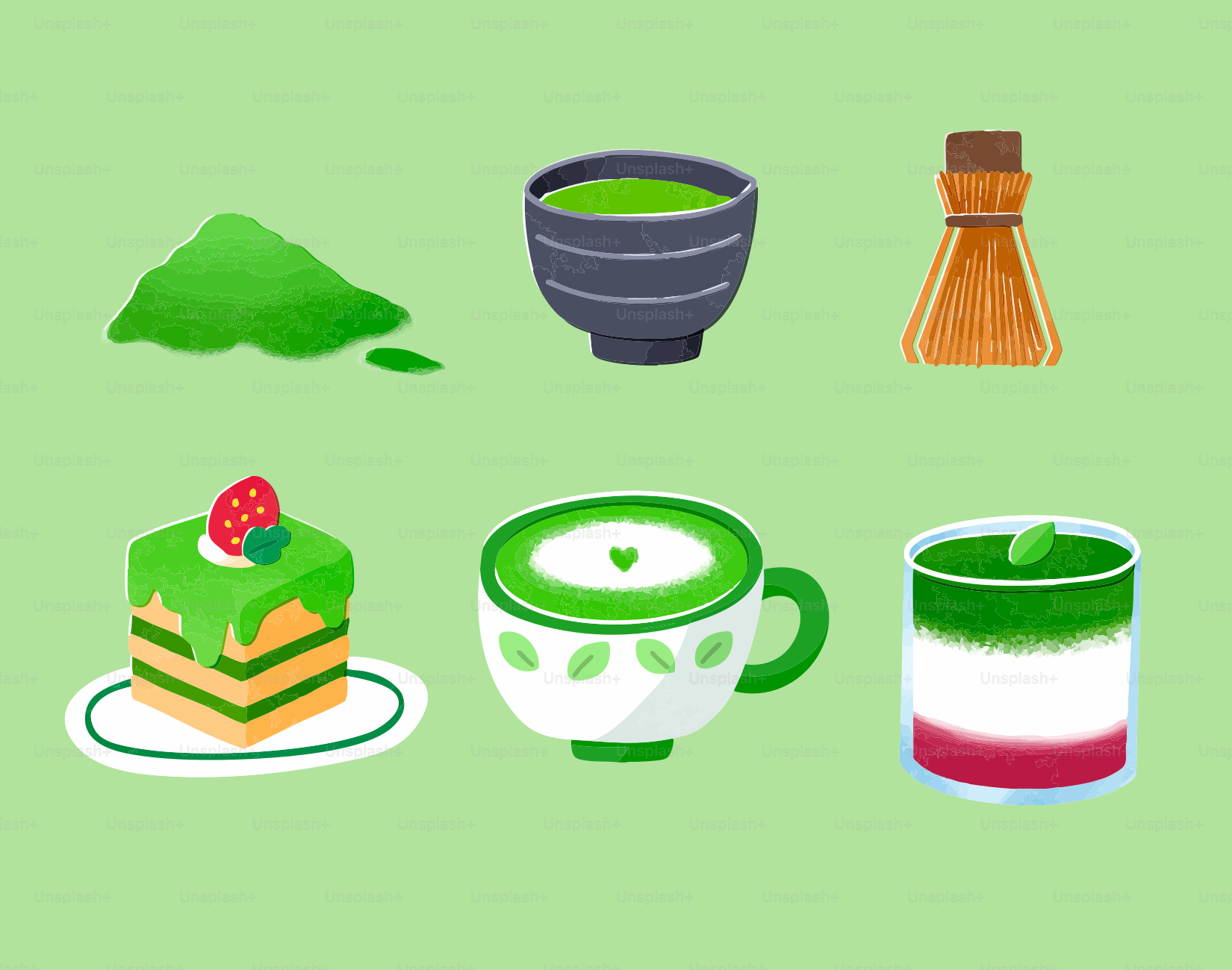Matcha tea and dessert set on green background