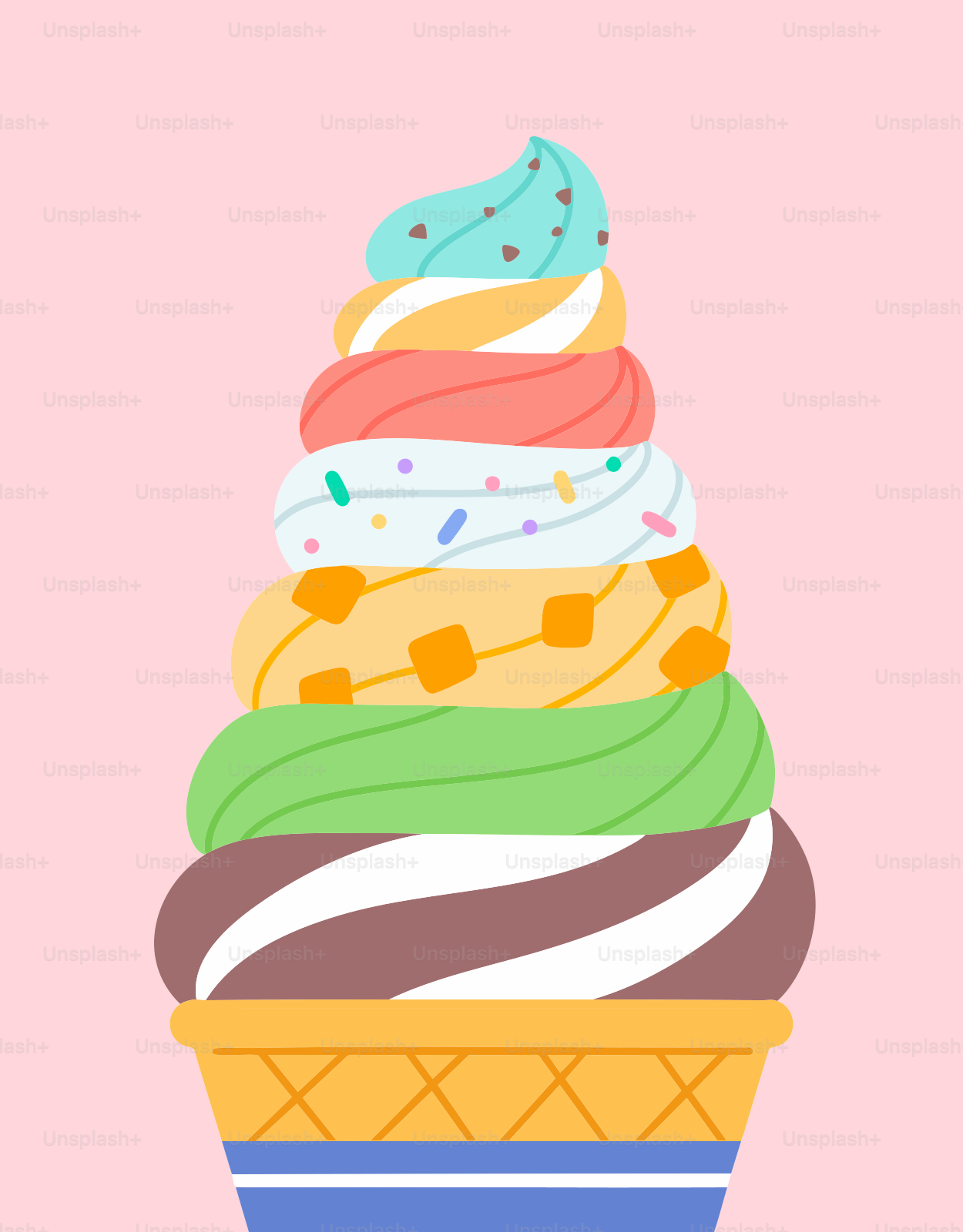 Un grand cornet de glace avec plusieurs boulettes colorées.