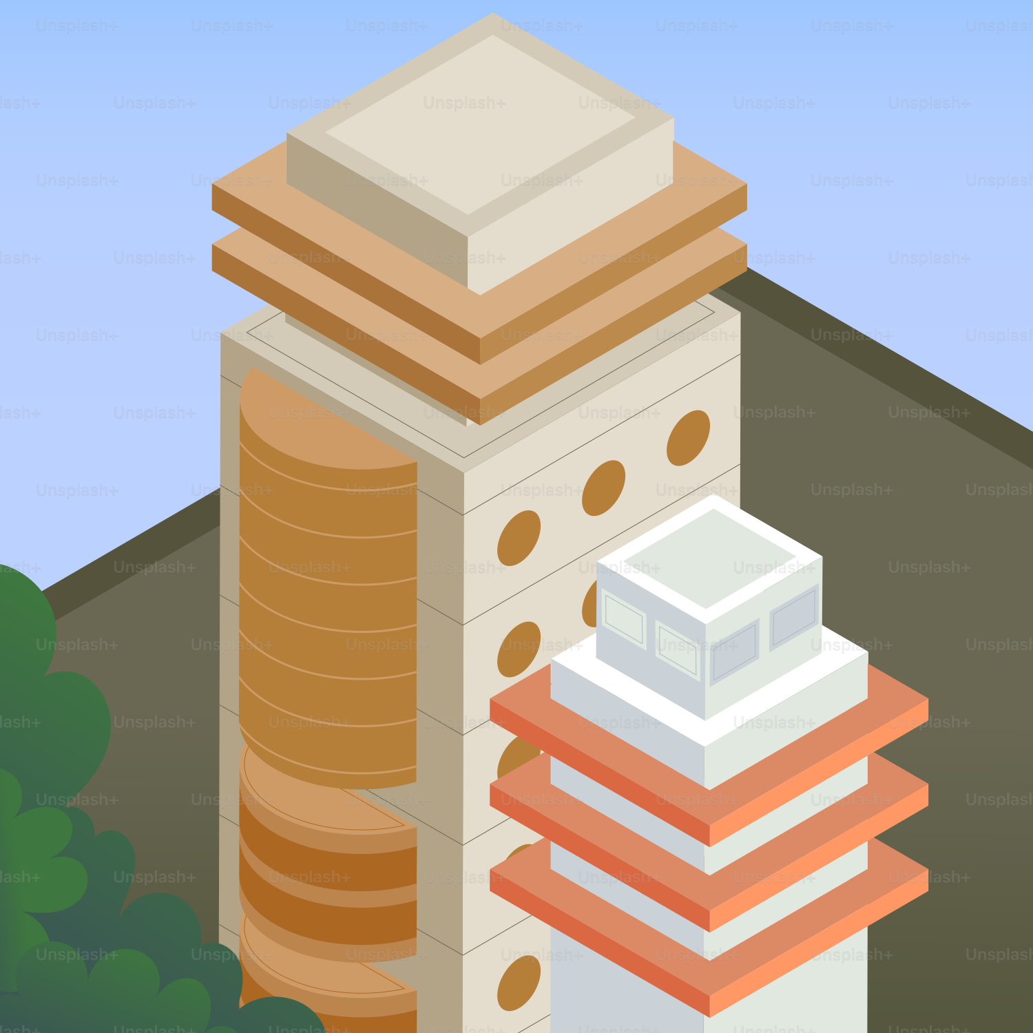 Modern buildings with rounded and square elements.