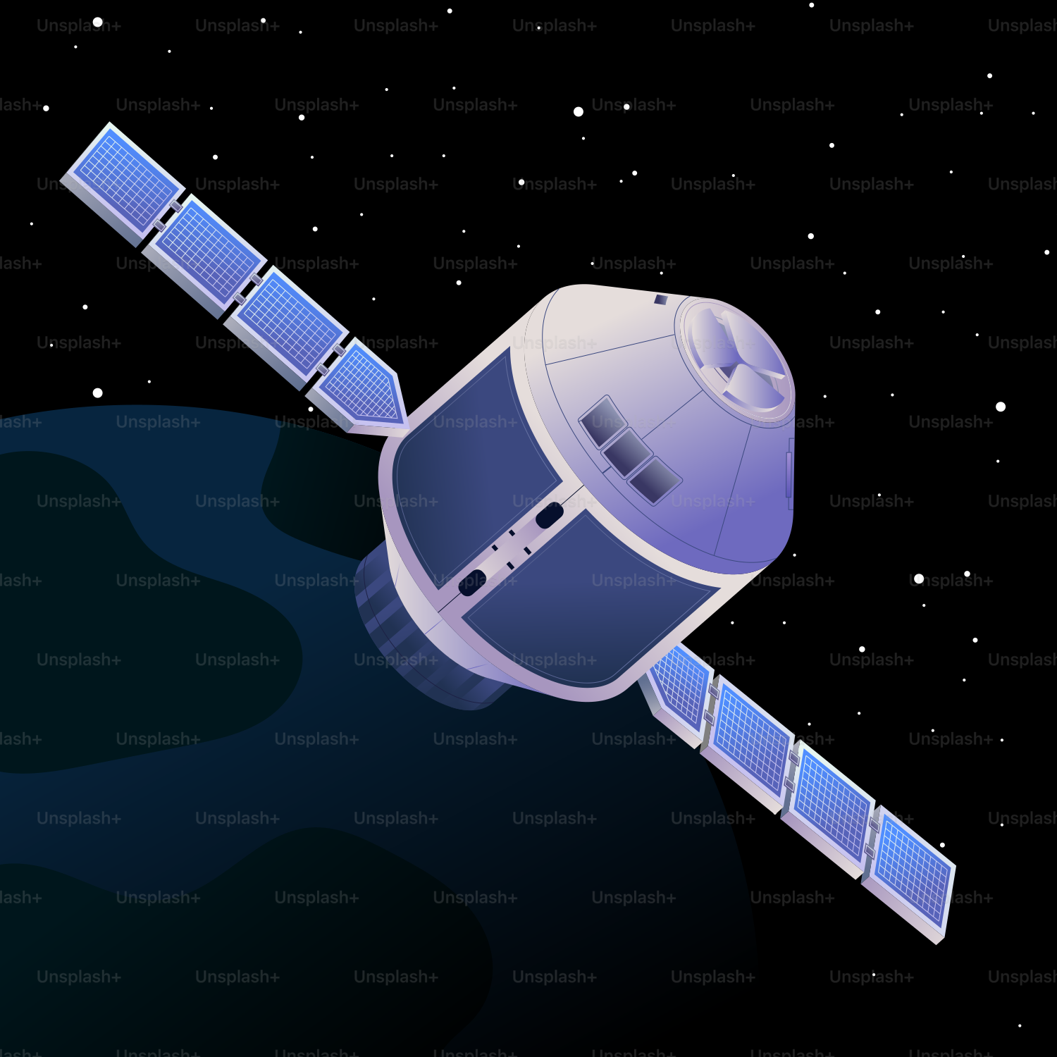 A satellite orbits a dark blue planet in space.