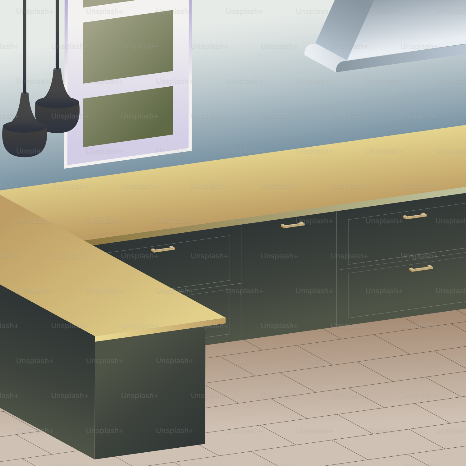 Modern kitchen counter with cabinets and pendant lights