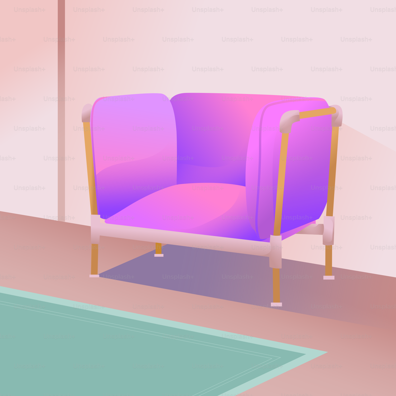 Ein moderner lila Sessel mit goldenen Akzenten.