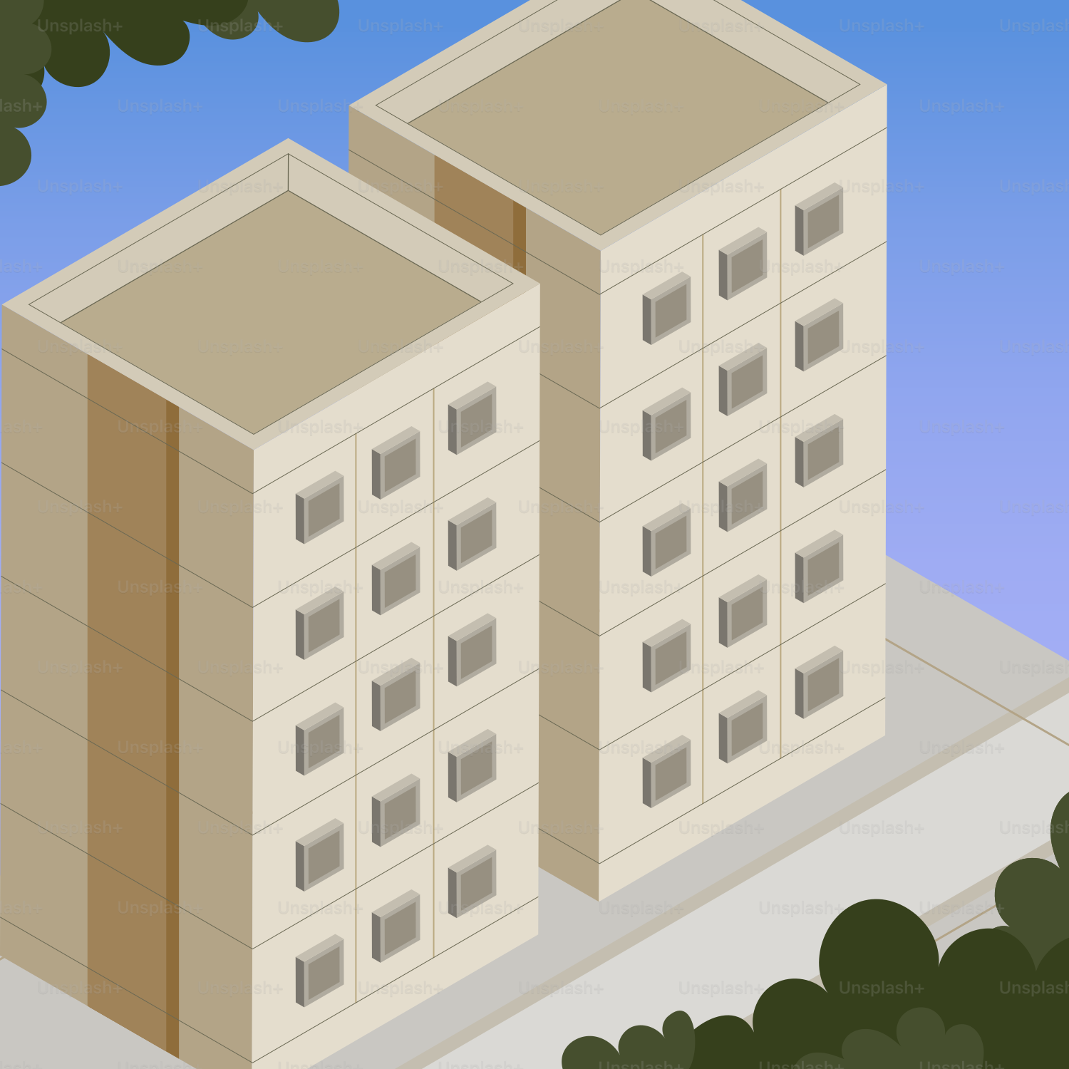 Deux immeubles d’appartements identiques sous un ciel bleu