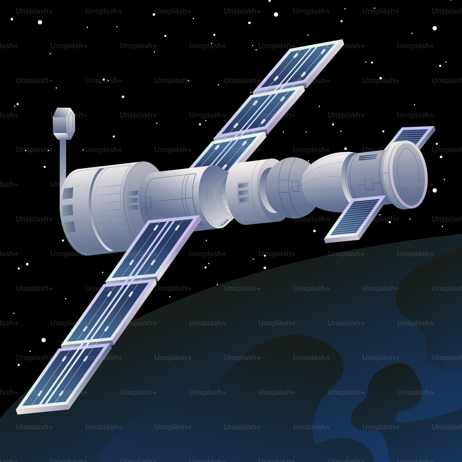 A satellite with solar panels orbits earth.