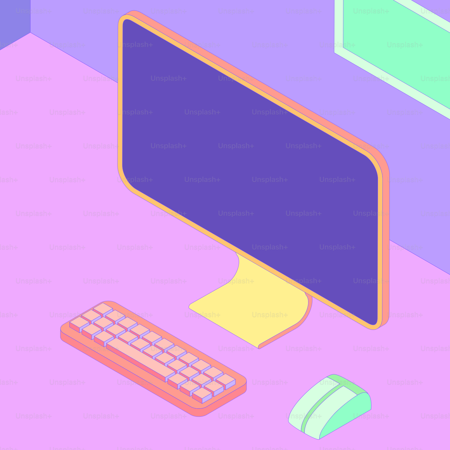 Configurazione isometrica del computer con monitor, tastiera e mouse.