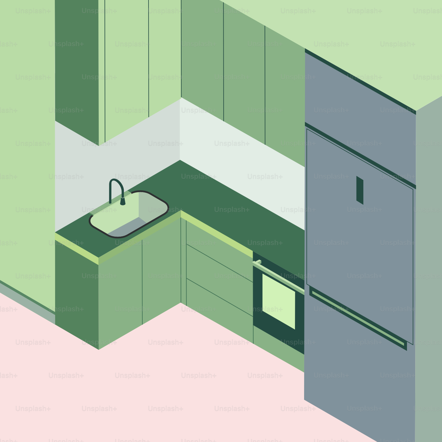 A minimalist green kitchen with a refrigerator.