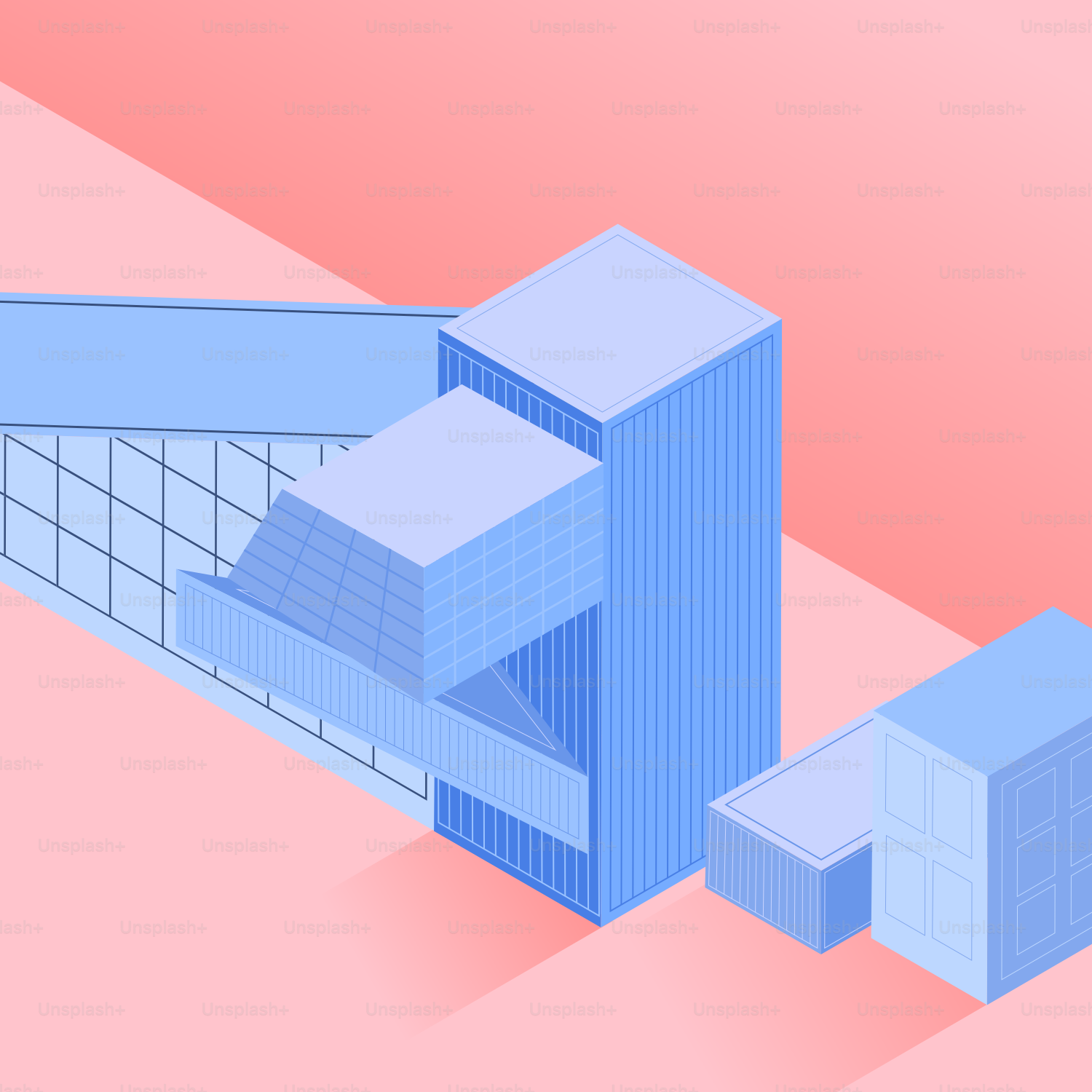 Vista isométrica de edificios azules sobre fondo rosa