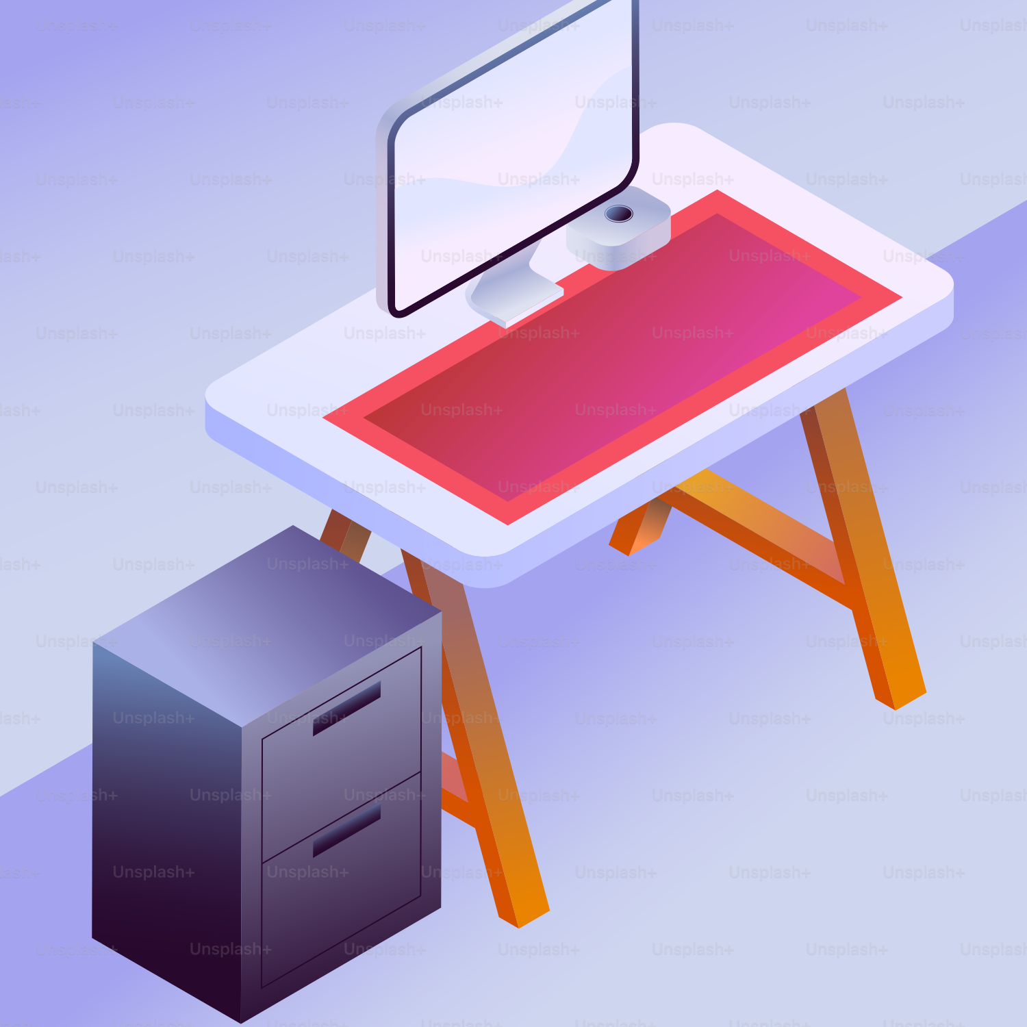 Desk with computer and filing cabinet