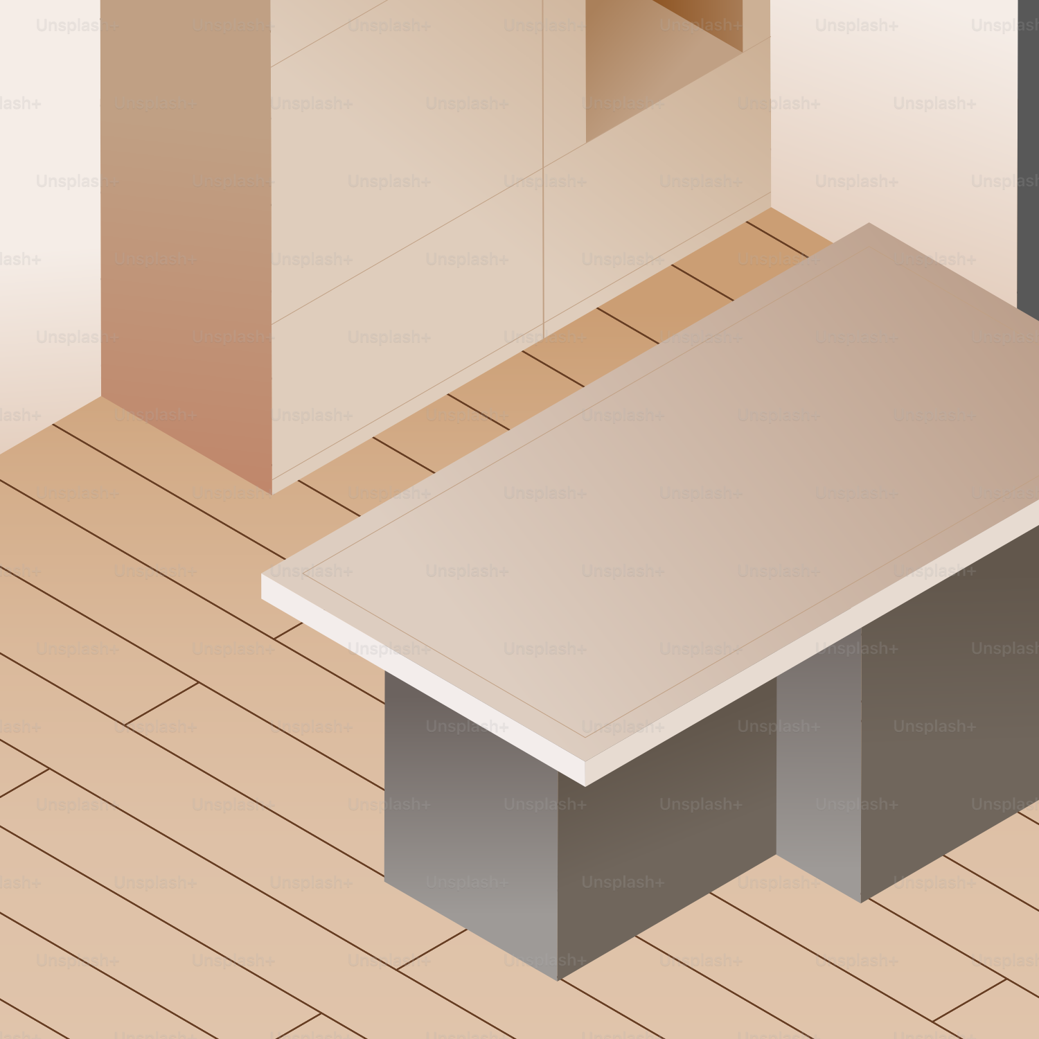 Ein moderner Tisch und Schränke in einem Raum