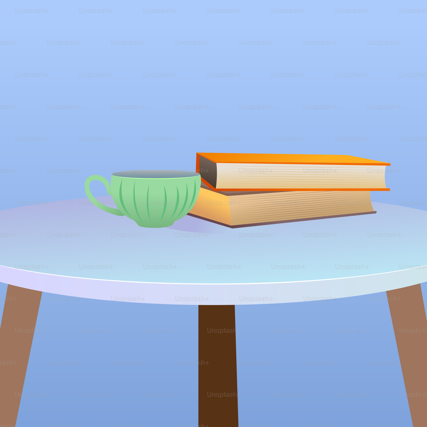 緑色のカップとテーブルの上に二冊の本が置かれている