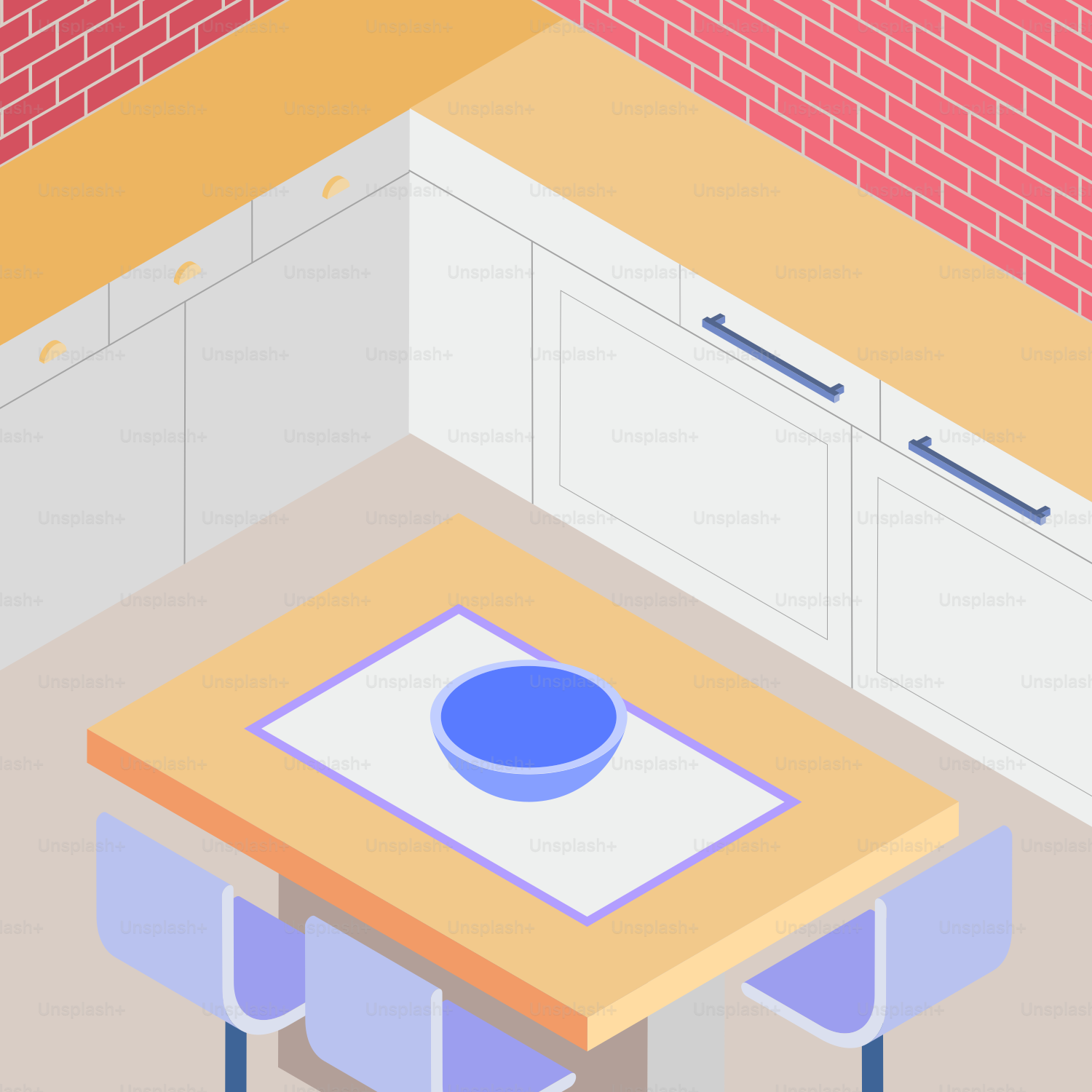 Isometric kitchen with dining table and chairs