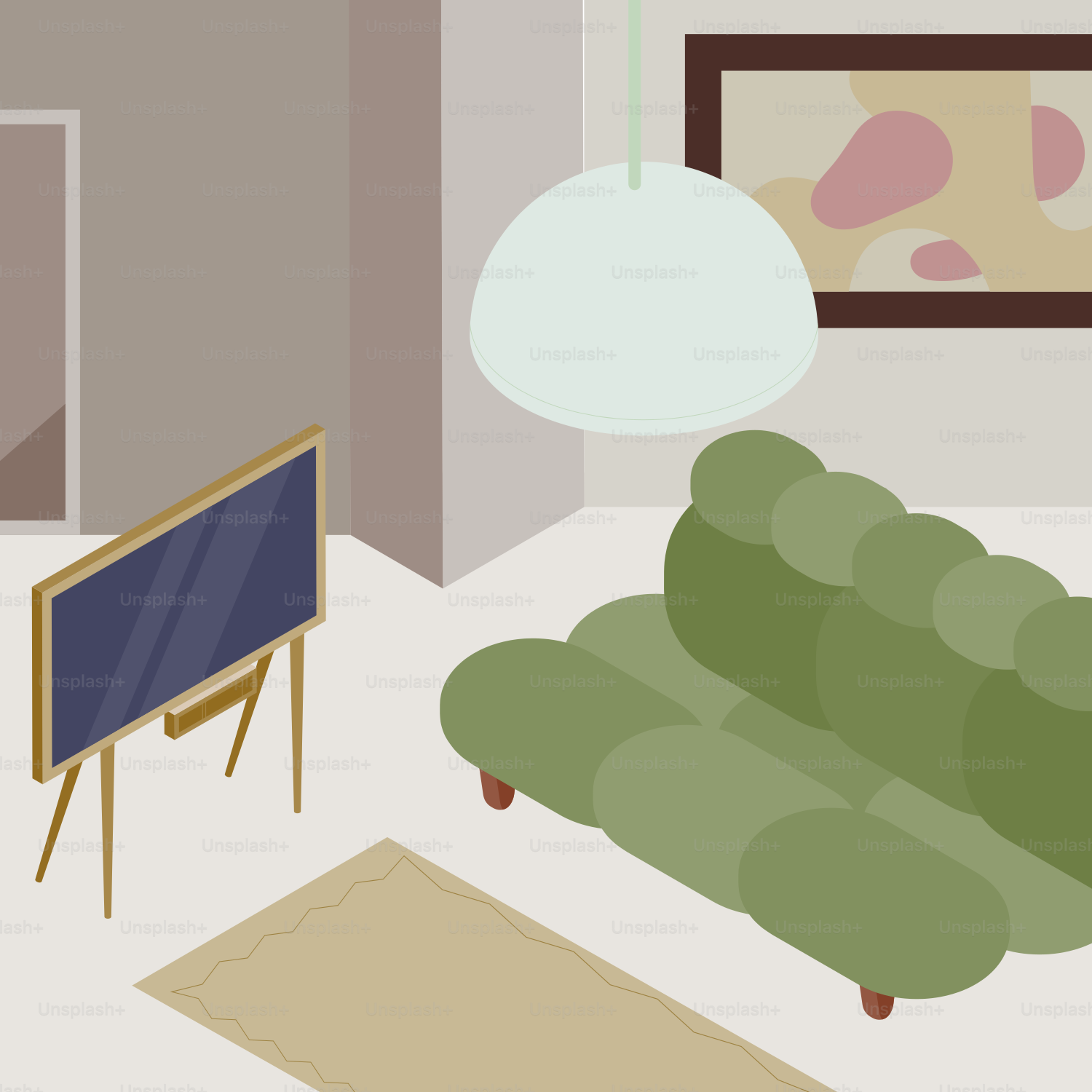 Salón moderno con sofá verde y televisión