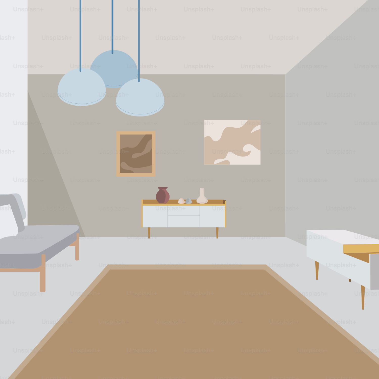 Sala de estar moderna com decoração minimalista e obras de arte