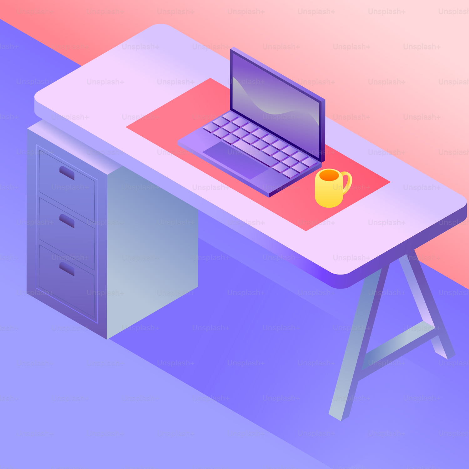 A desk with a laptop and mug