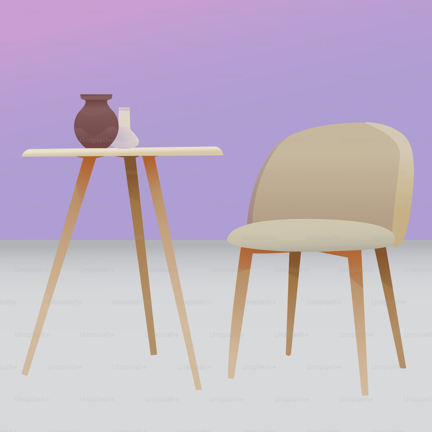 A simple table and chair with vases