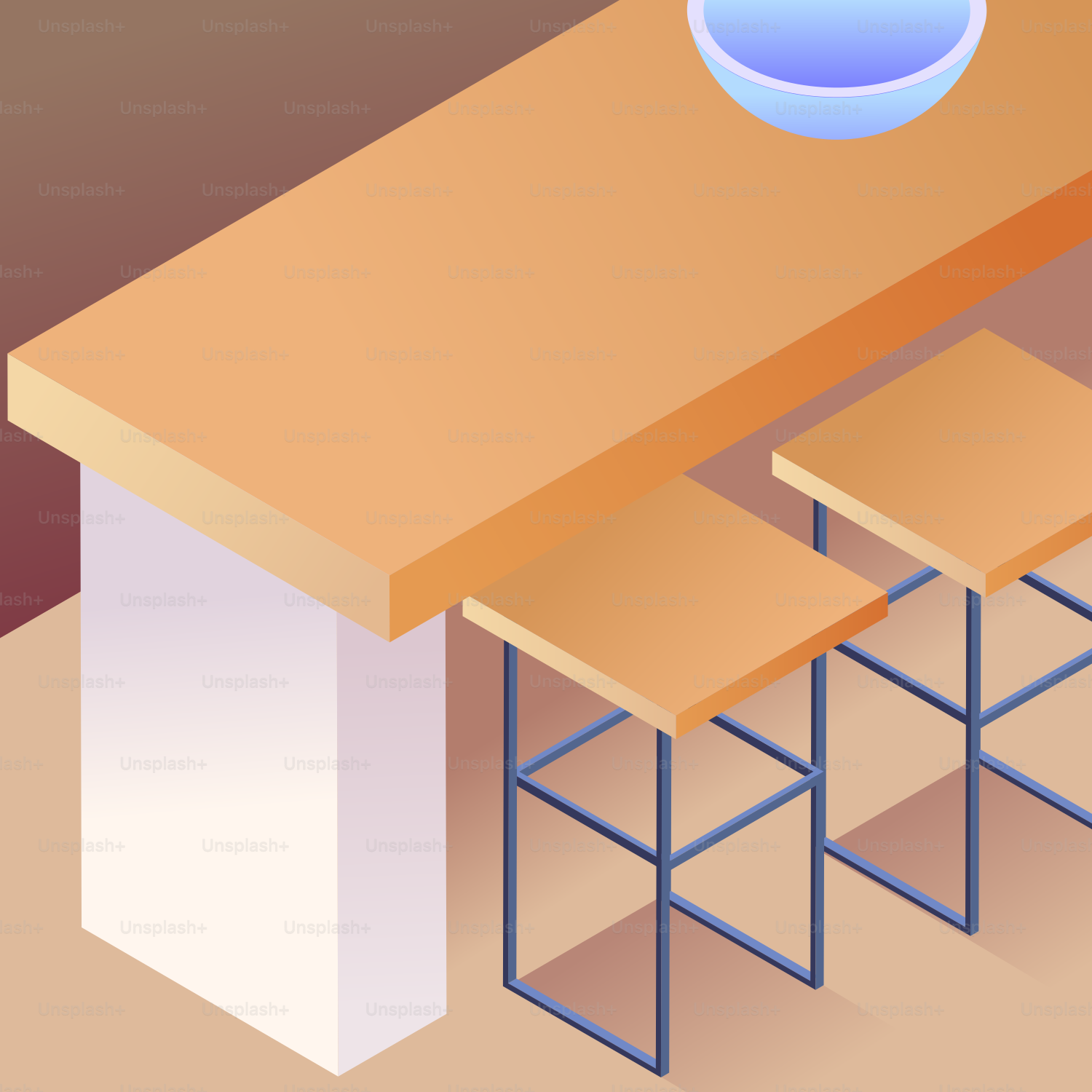 Encimera de madera con dos taburetes y un cuenco.