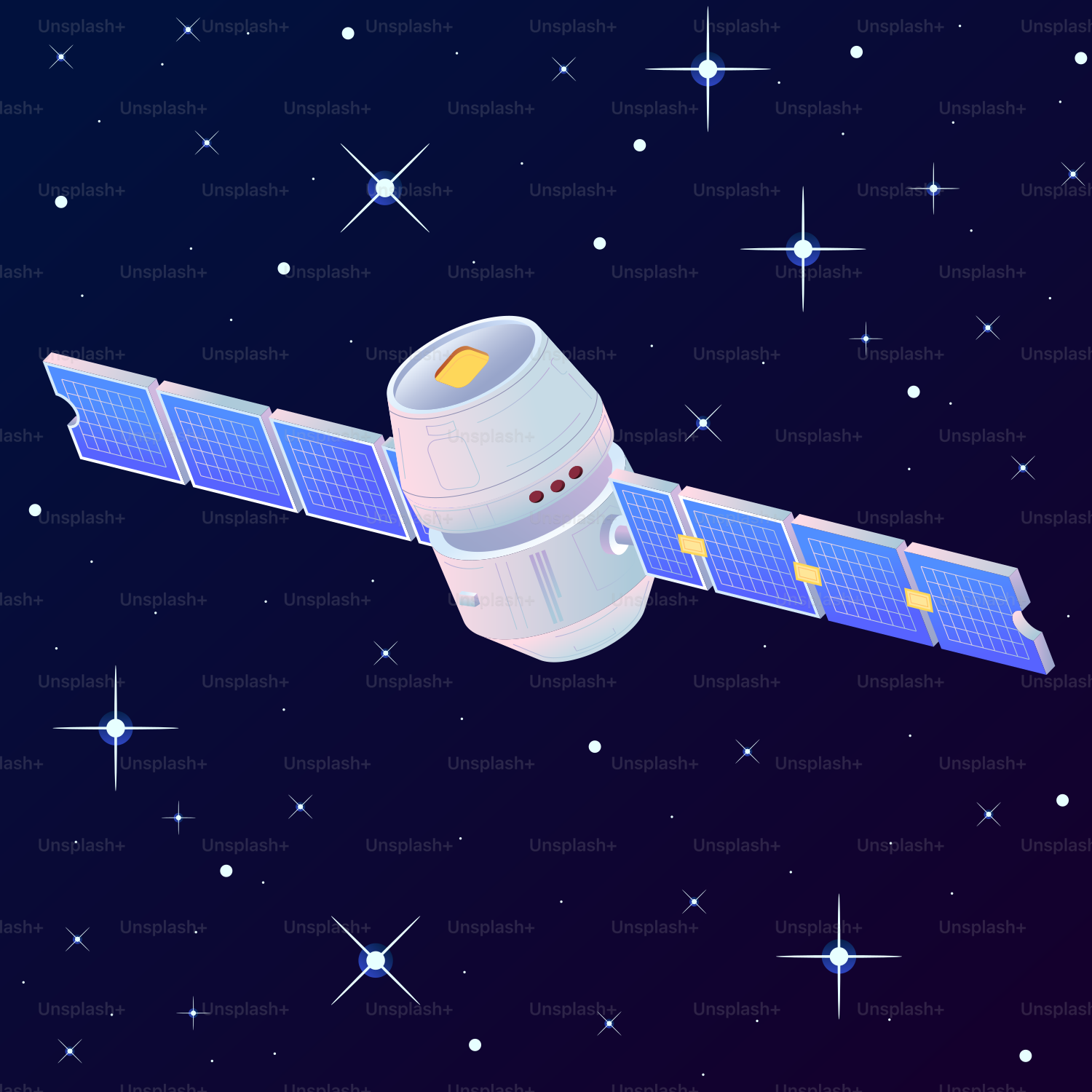 A satellite with solar panels in starry space.