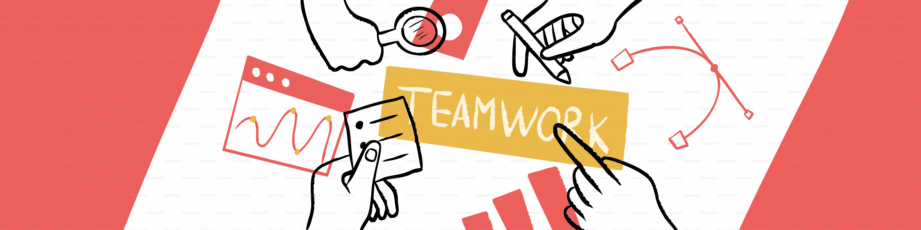 Hands collaborating on a project with the word teamwork.