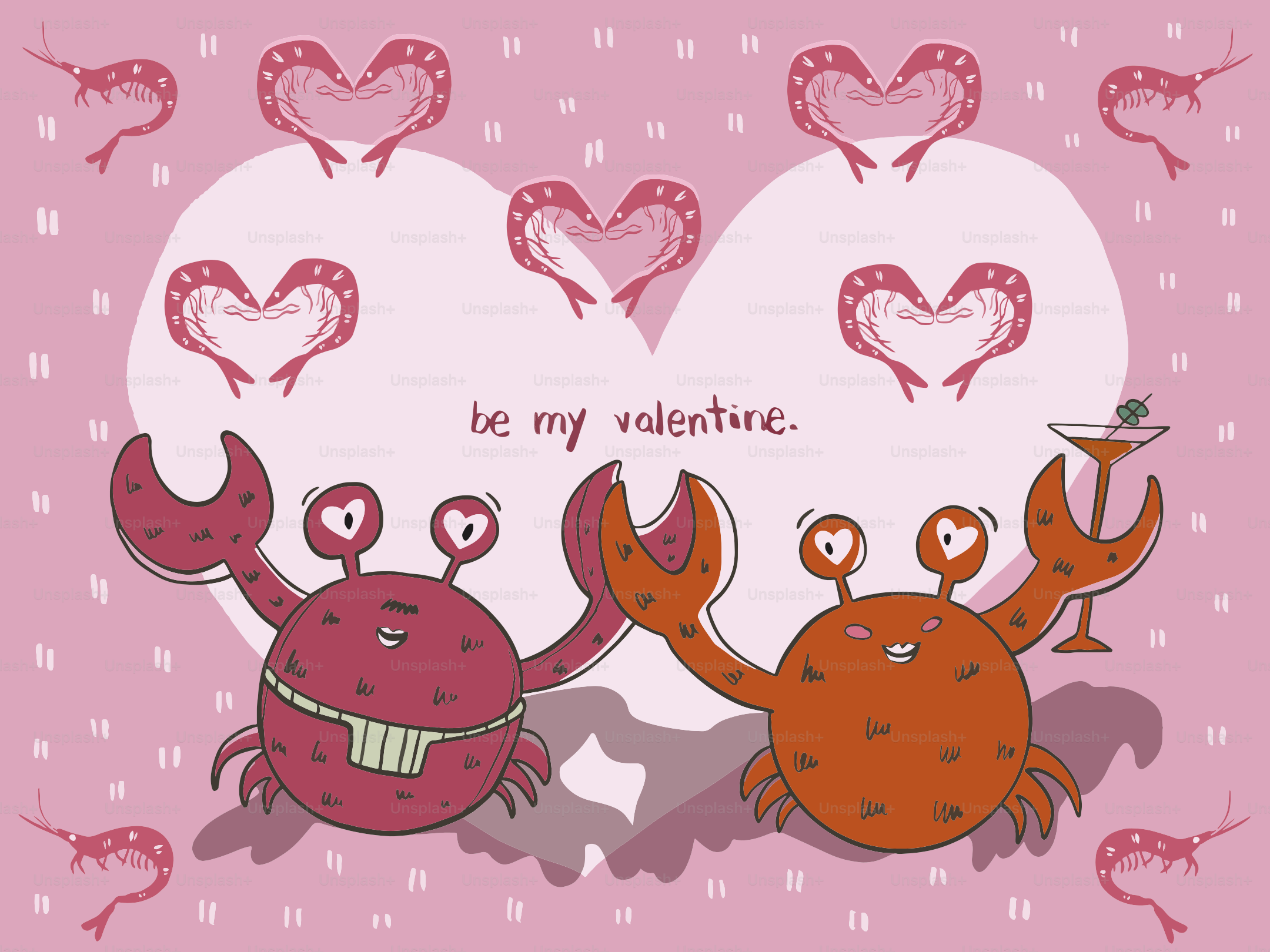 Two cartoon crabs with hearts and text 'be my valentine'.