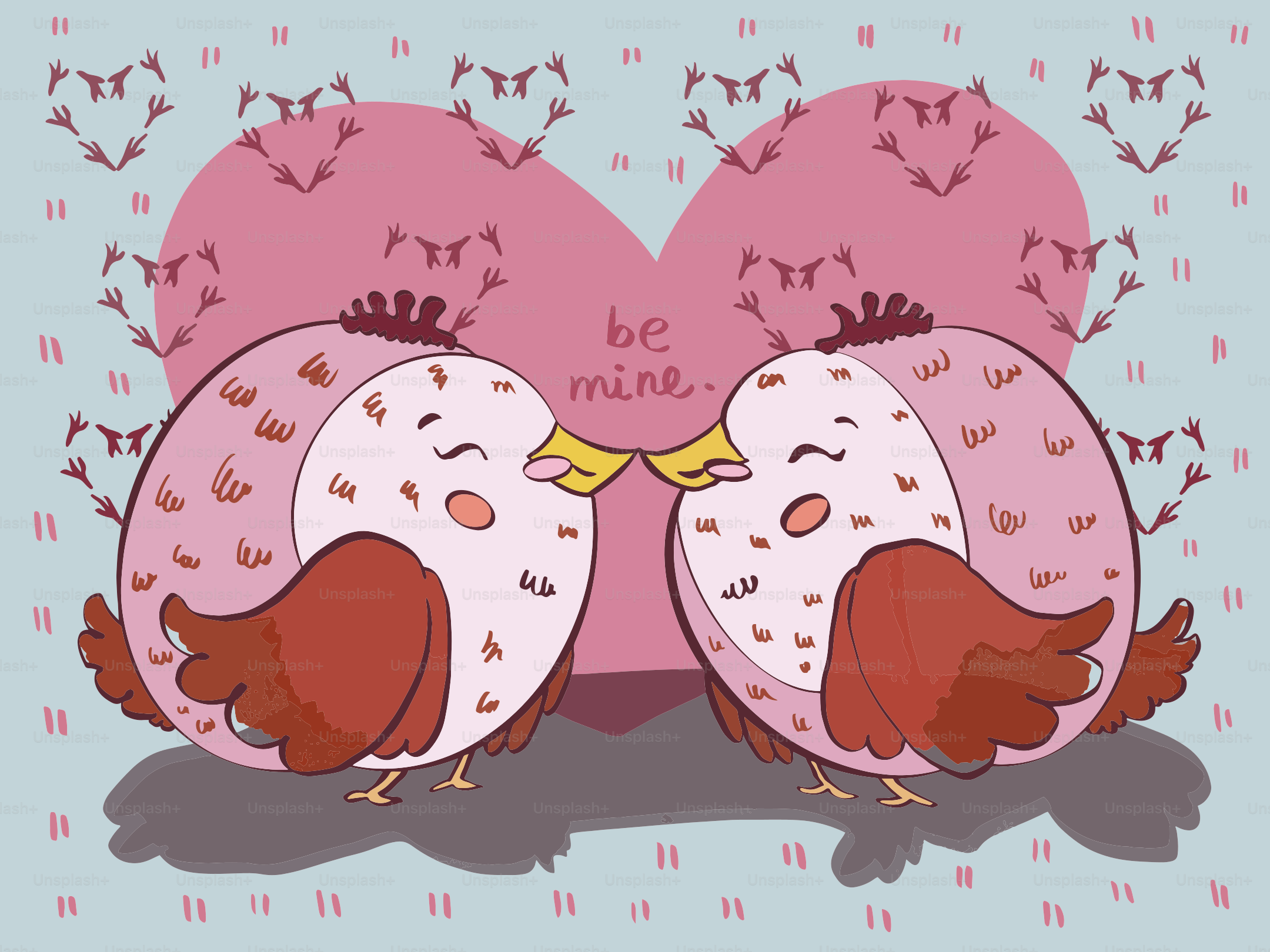 Two cute birds about to kiss with heart background