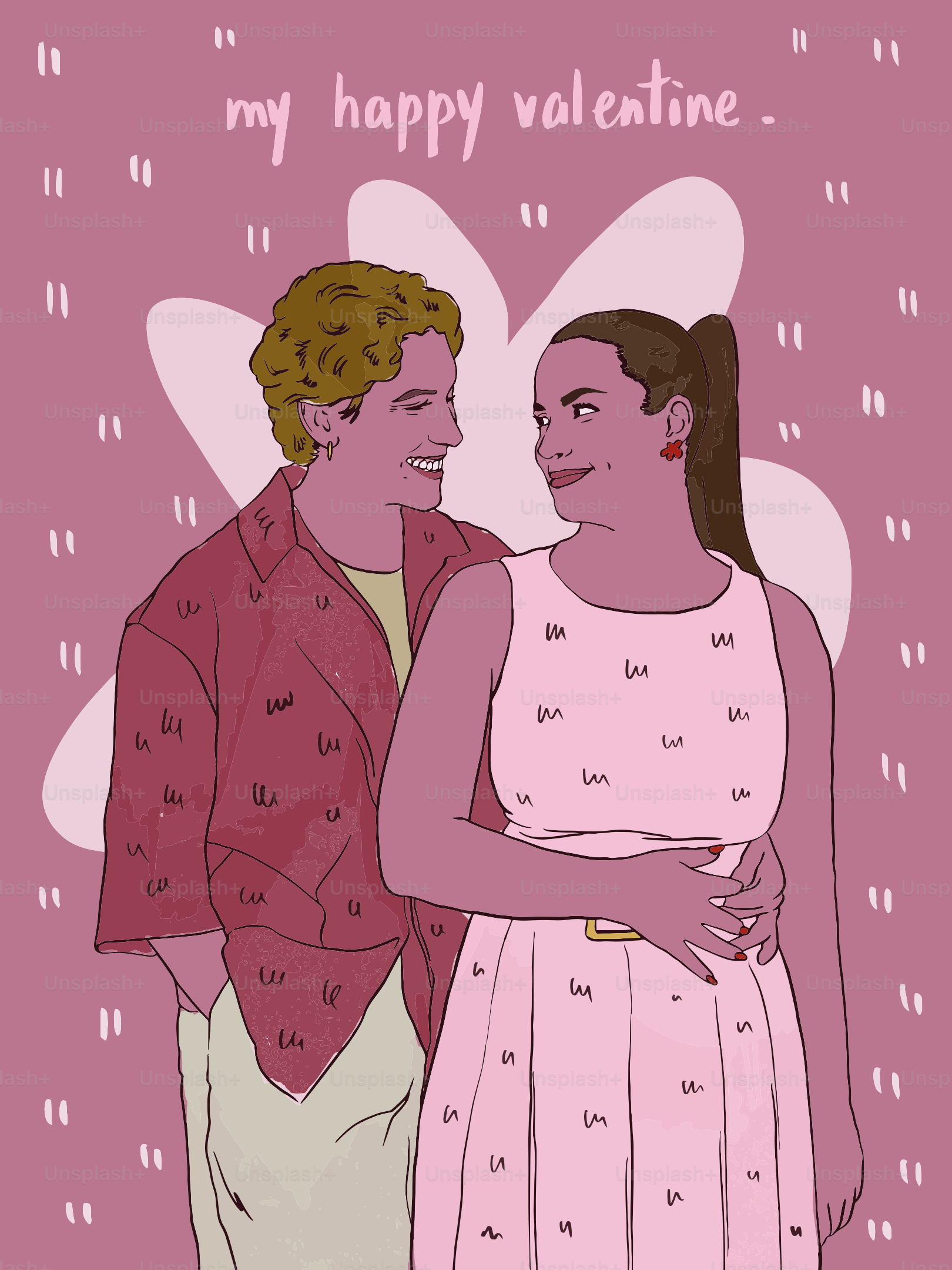 A couple embraces on a pink background.