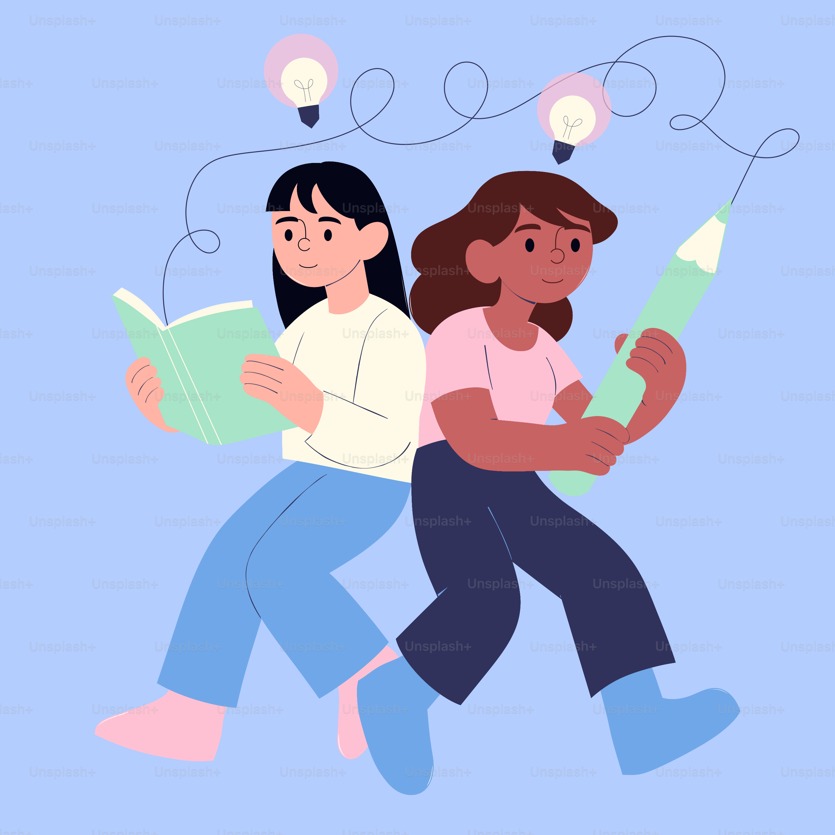 Two girls reading and writing with lightbulbs above.