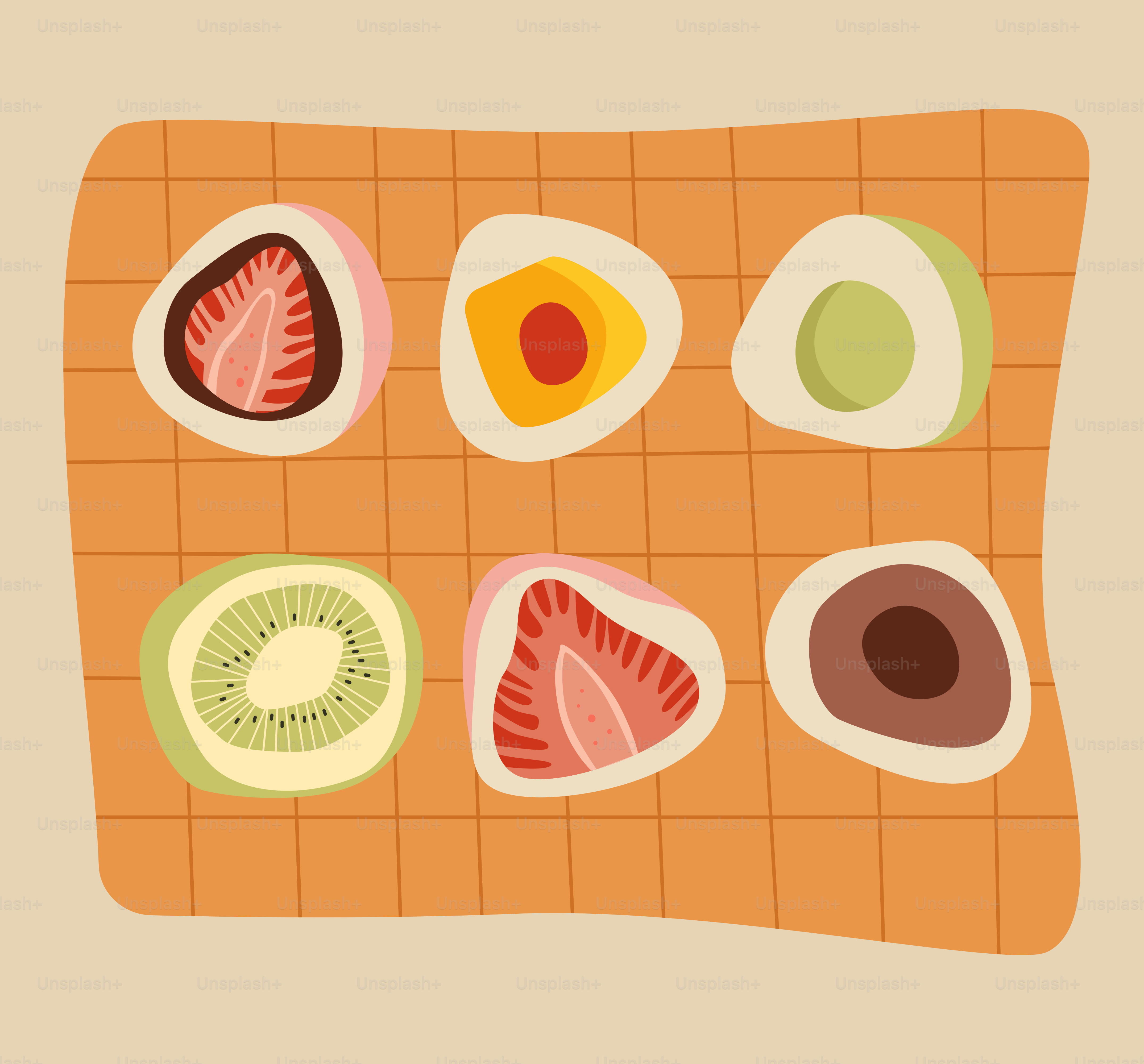 Six colorful mochi desserts with fruit fillings.