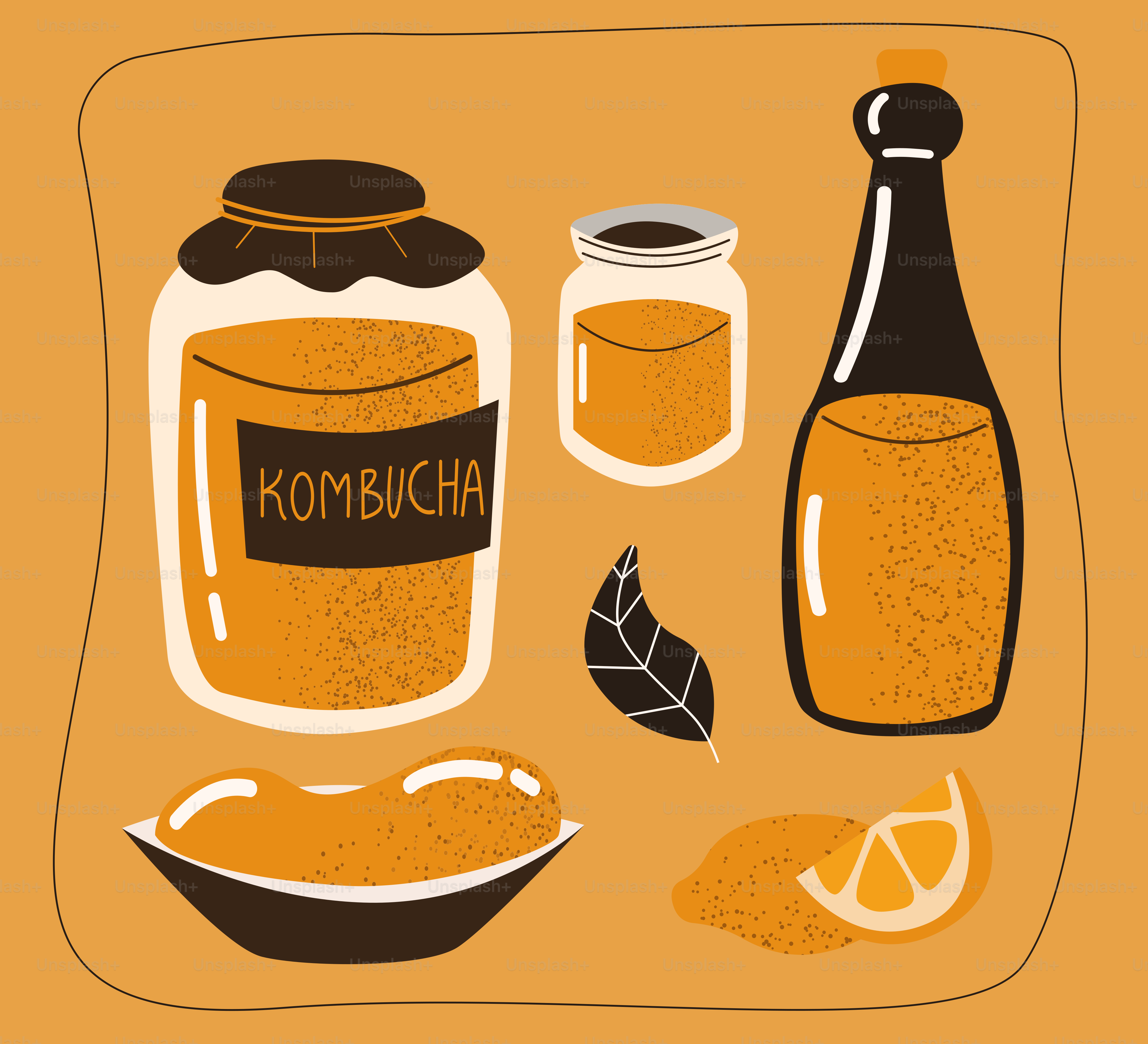 Kombucha jars, bottle, and ingredients on an orange background.