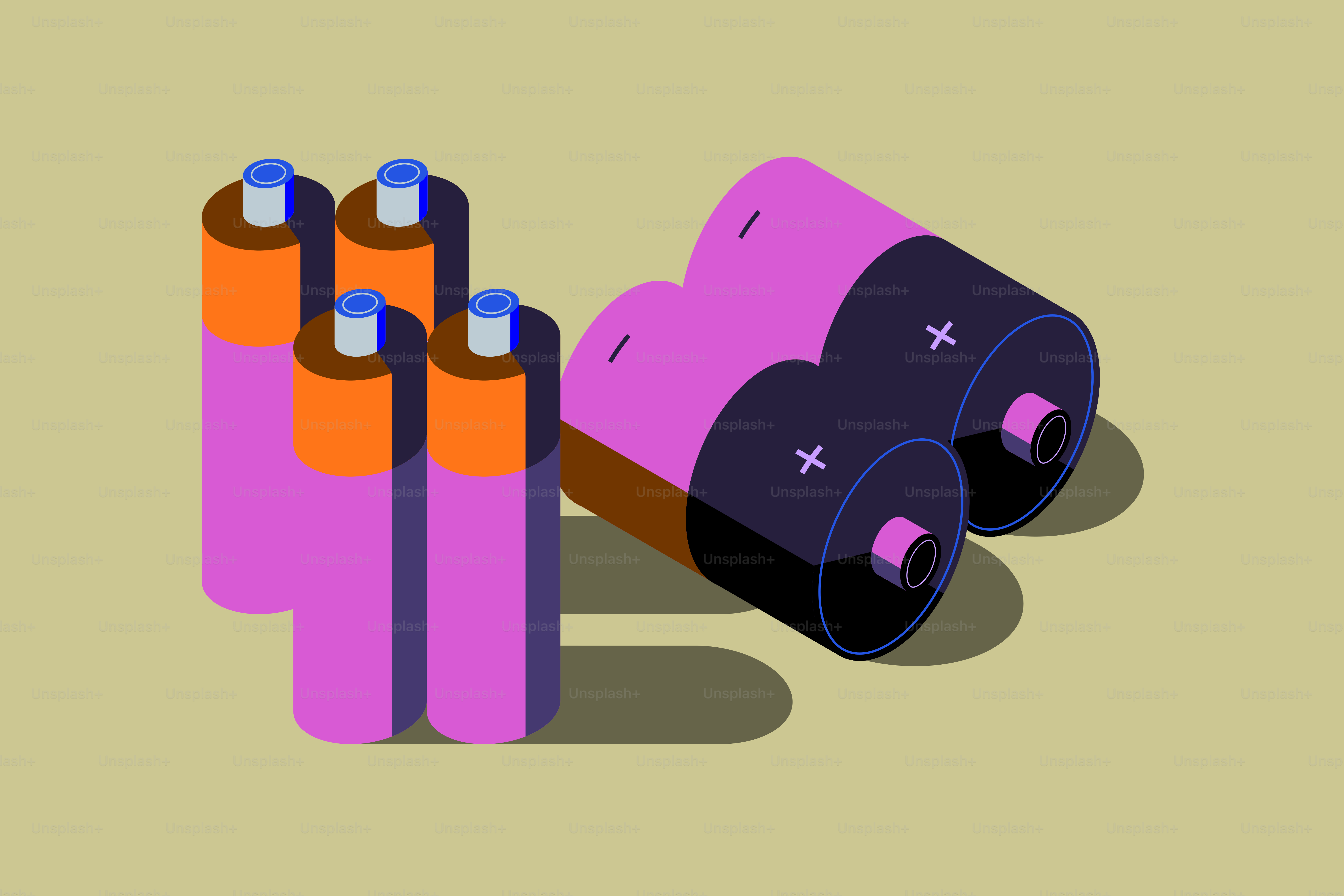 Quatre piles violettes et orange et deux piles violettes.