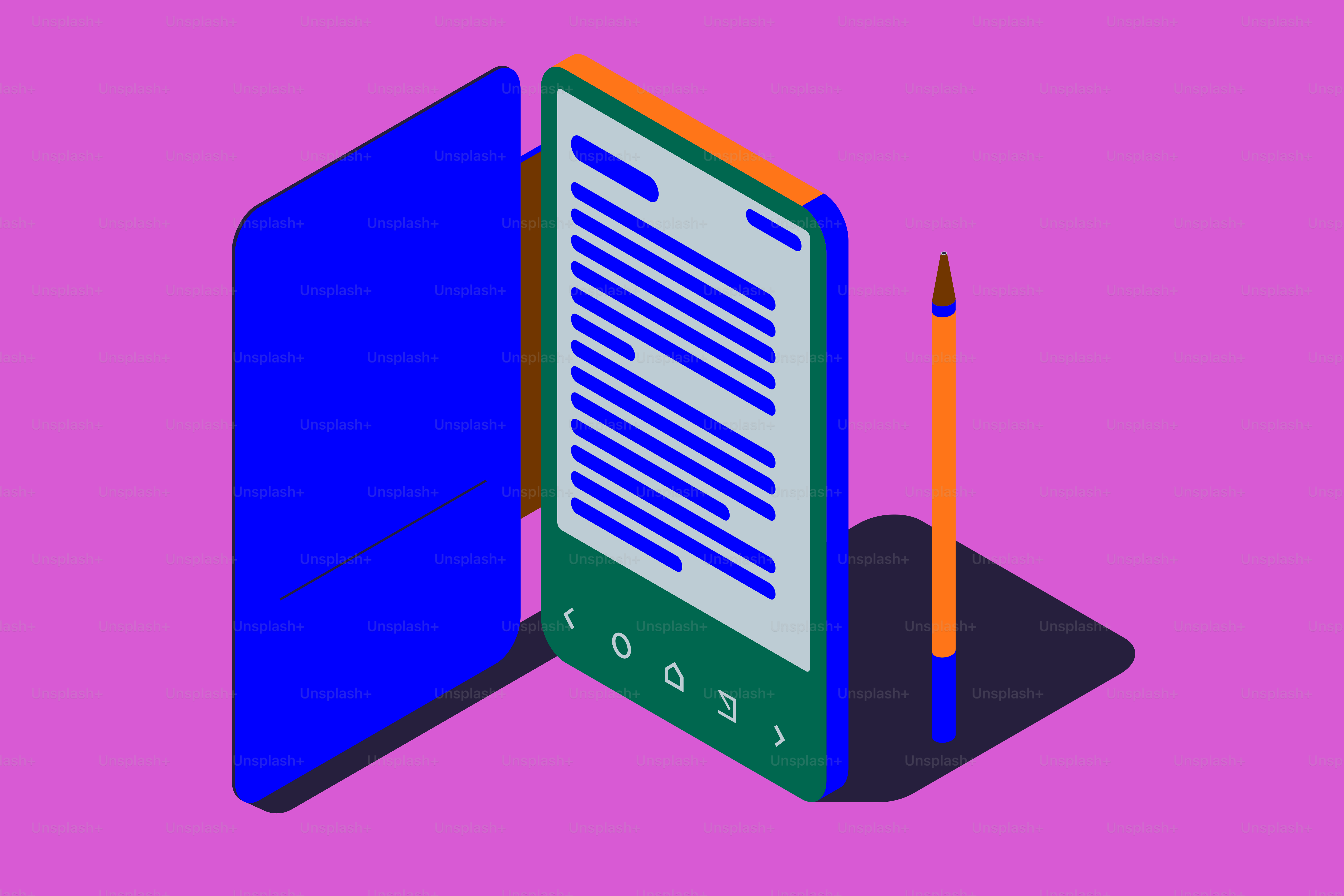 E-reader with stylus on purple background