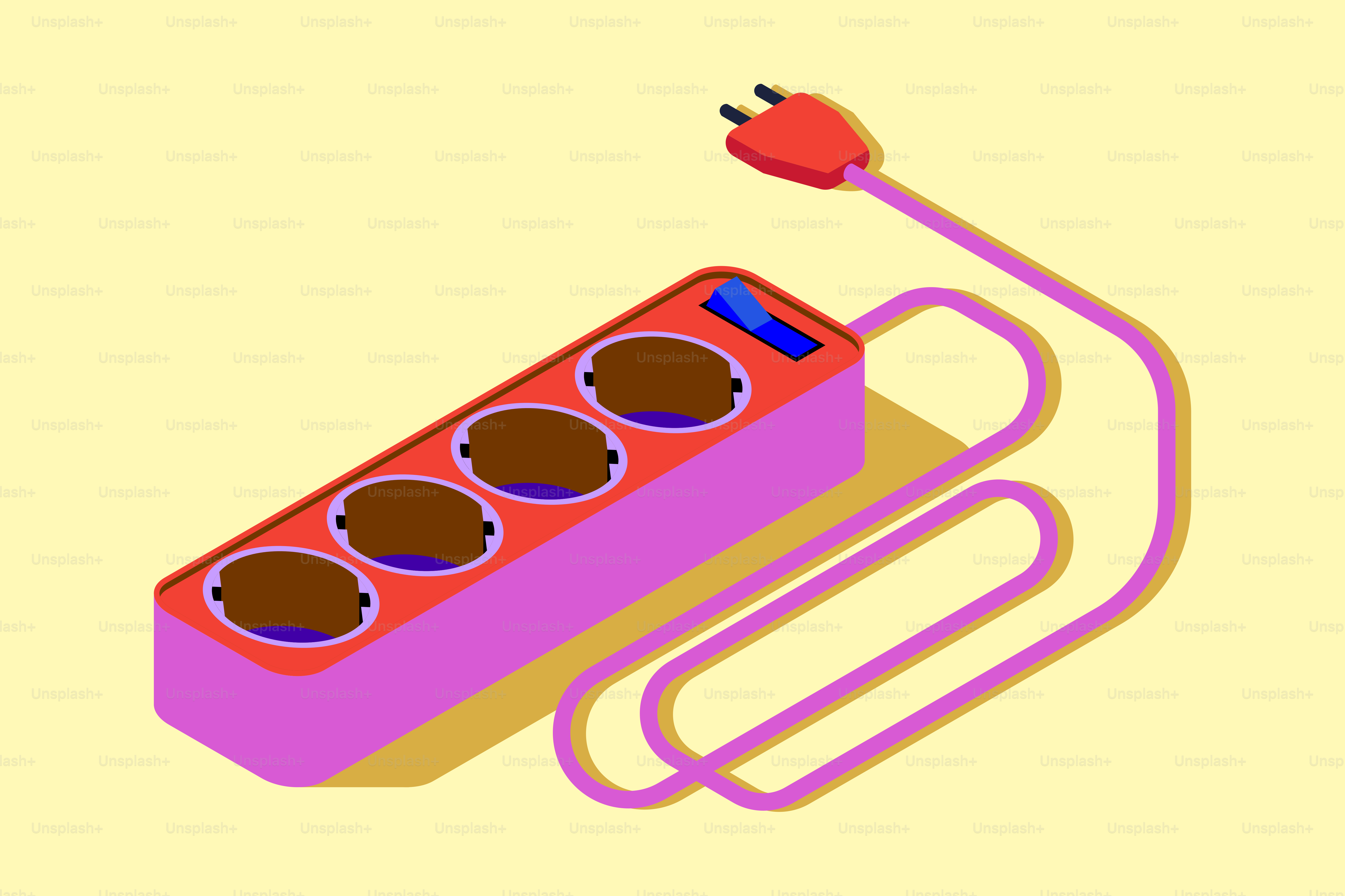 A pink power strip with four outlets and red plug.